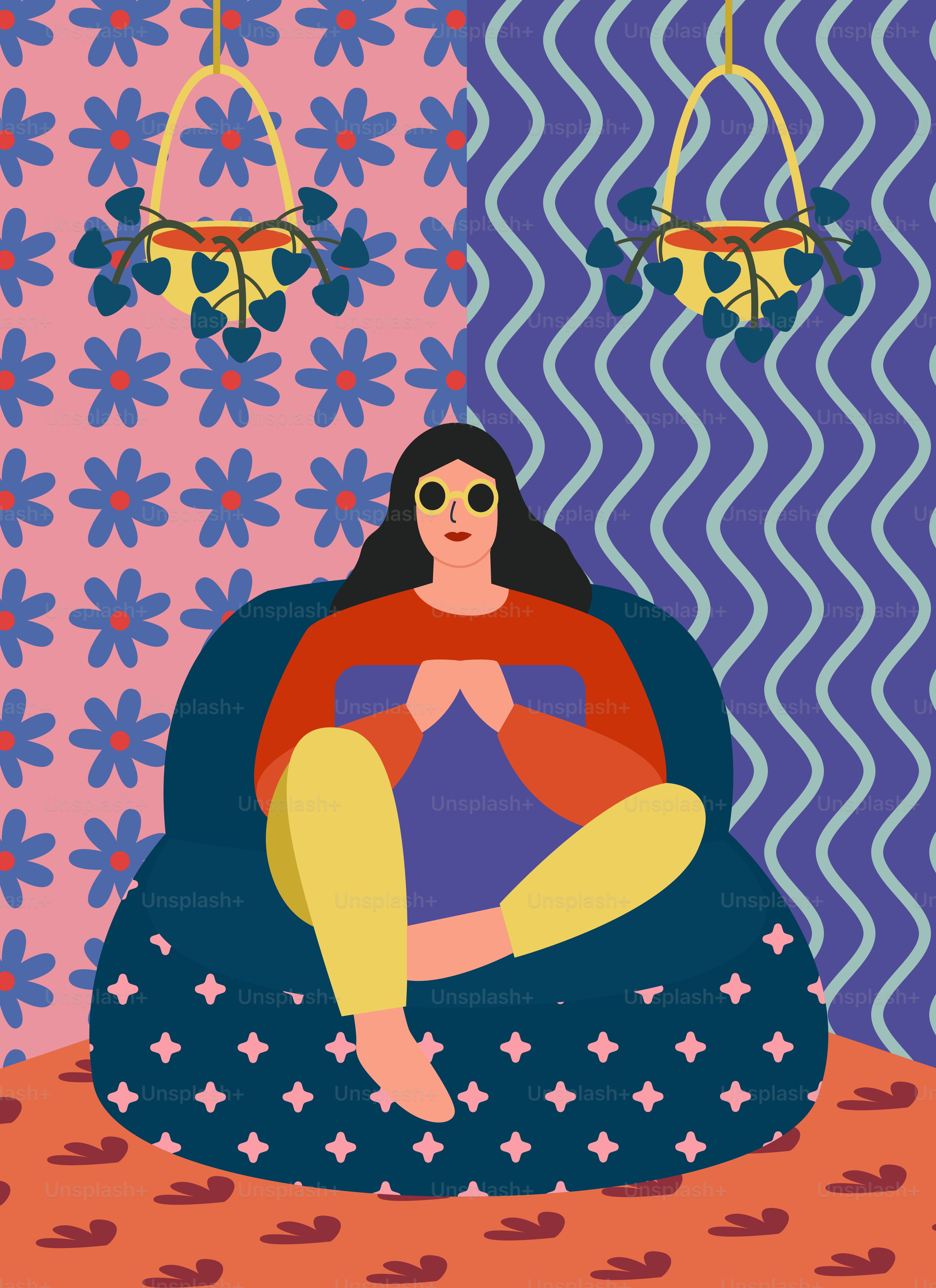 A woman sitting on a bean bag chair in a room