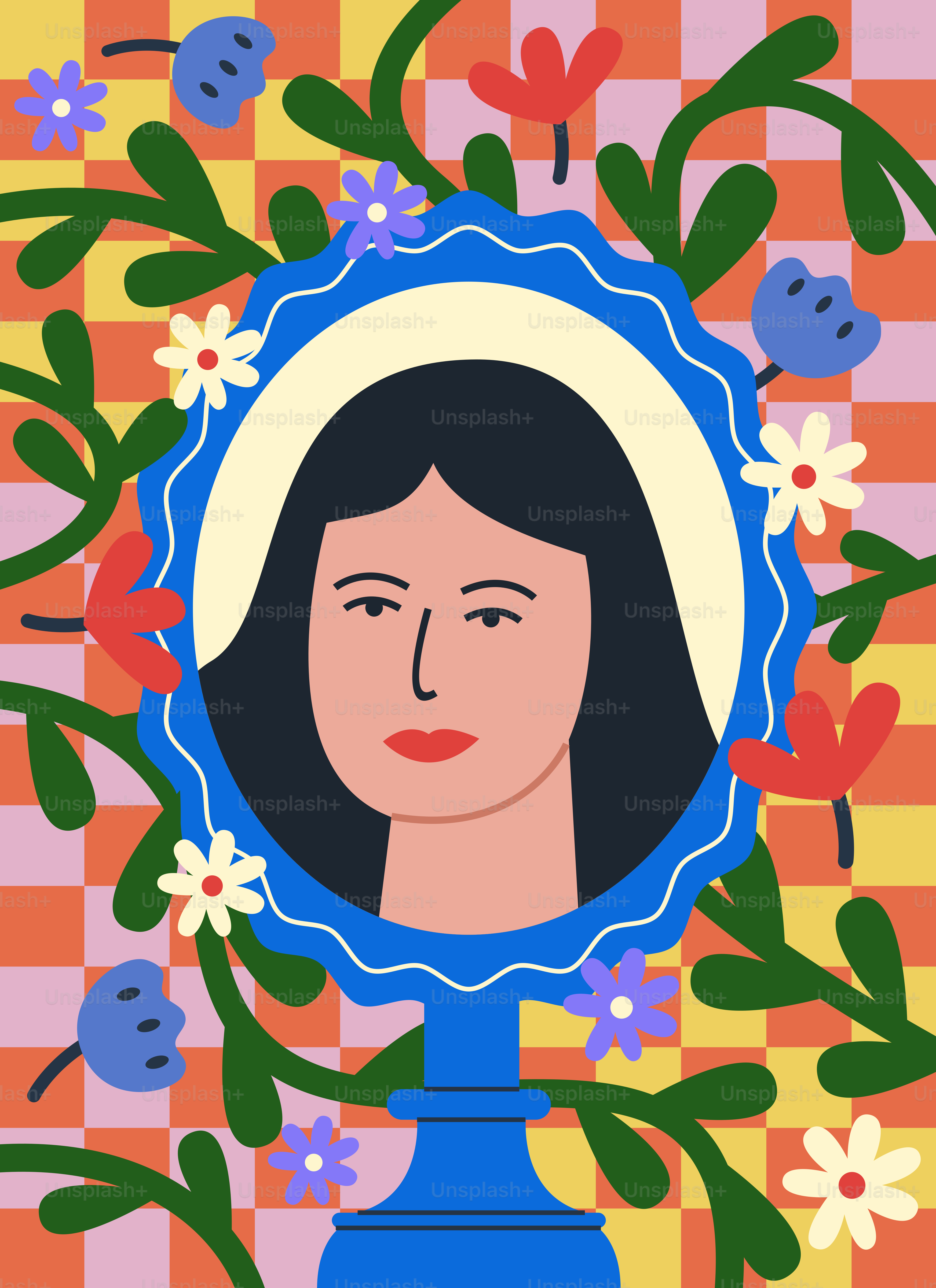 A painting of a woman in a blue vase