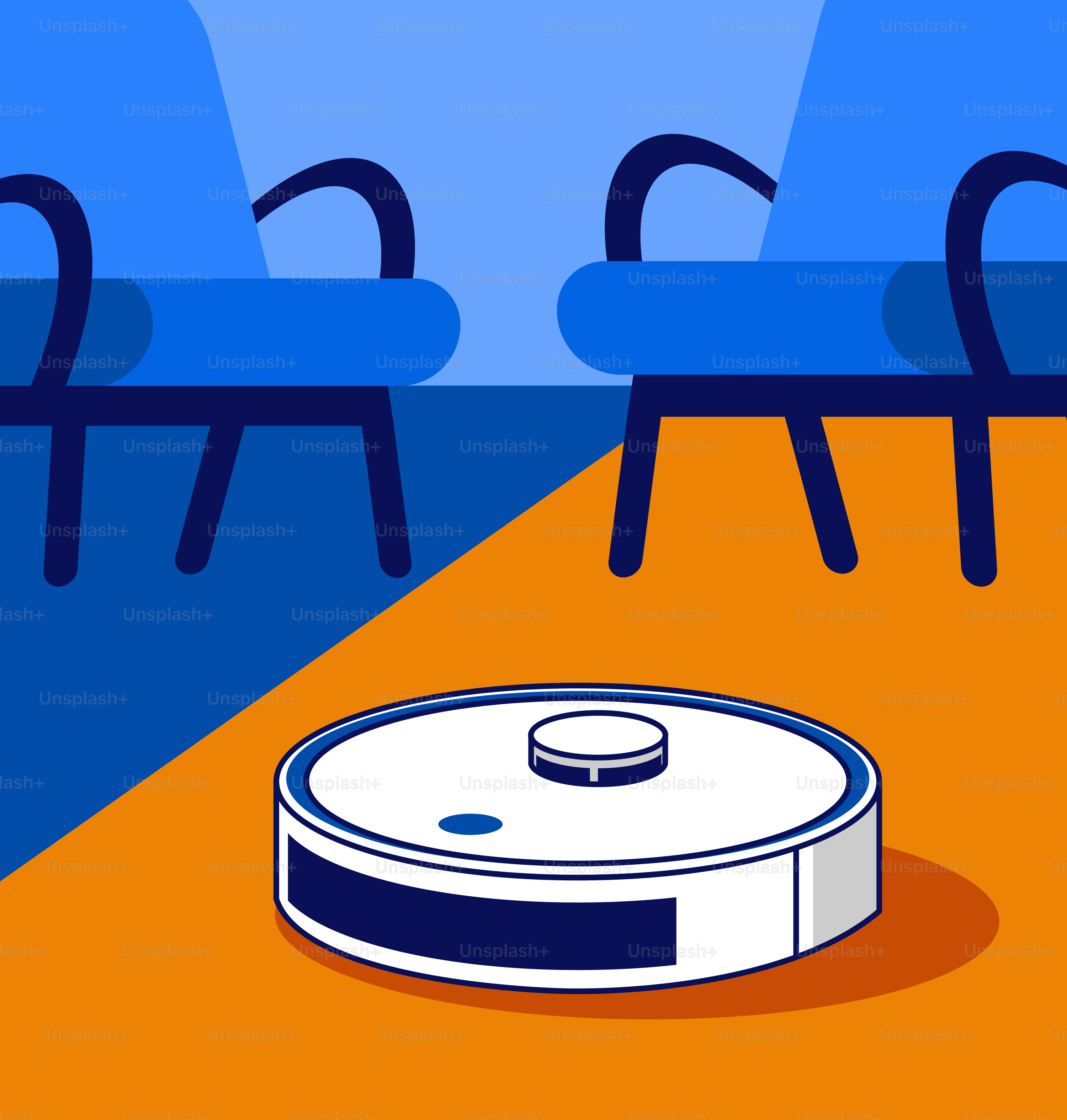 A room with chairs and a robot on the floor