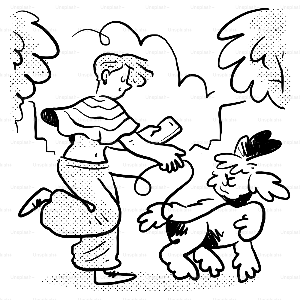 A black and white drawing of a man playing with a dog