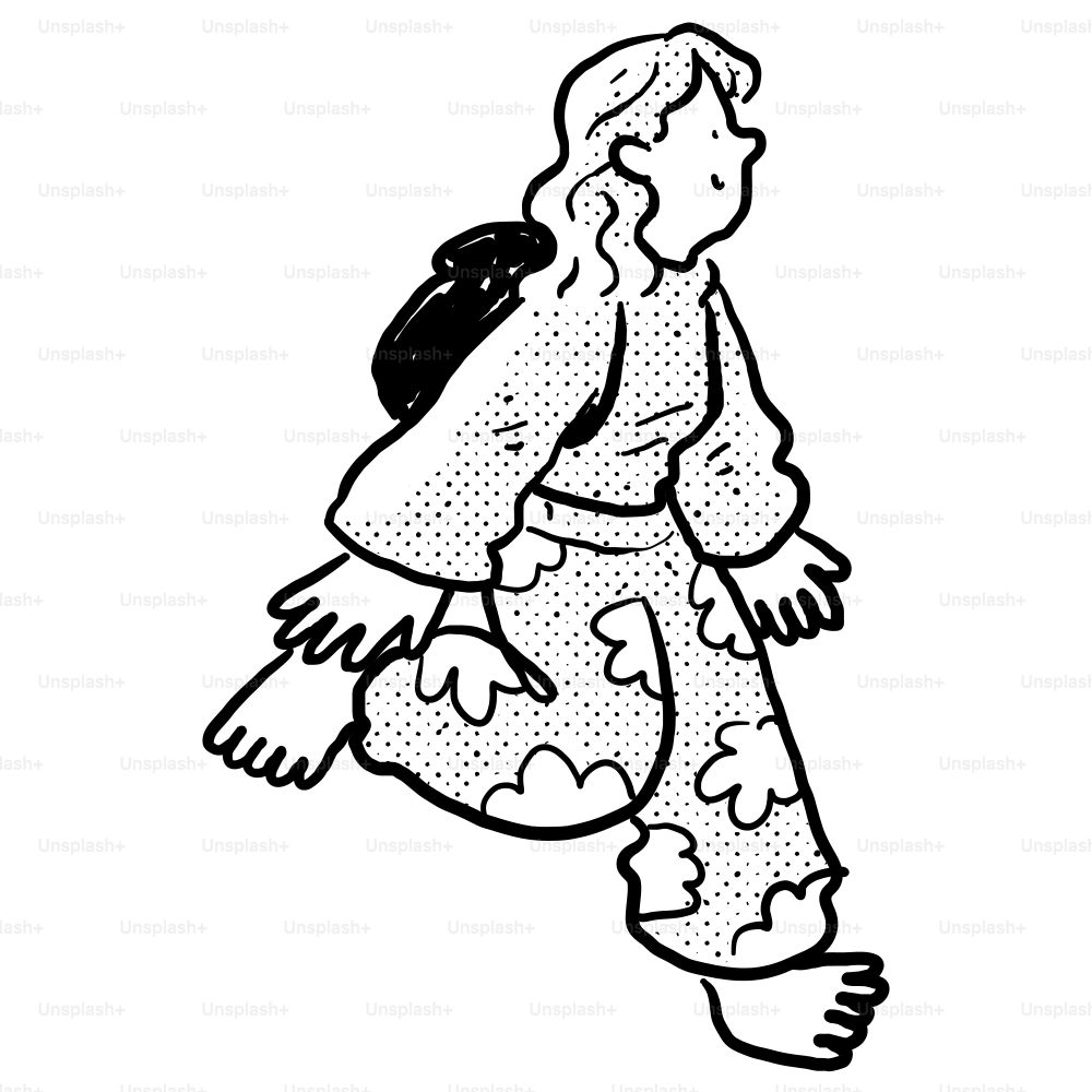 A black and white drawing of a woman walking