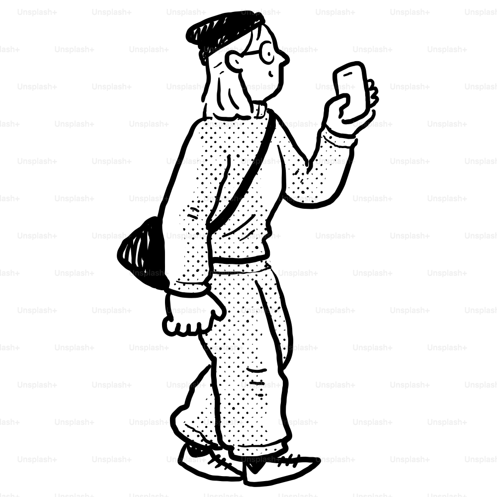 A black and white drawing of a man holding a cell phone