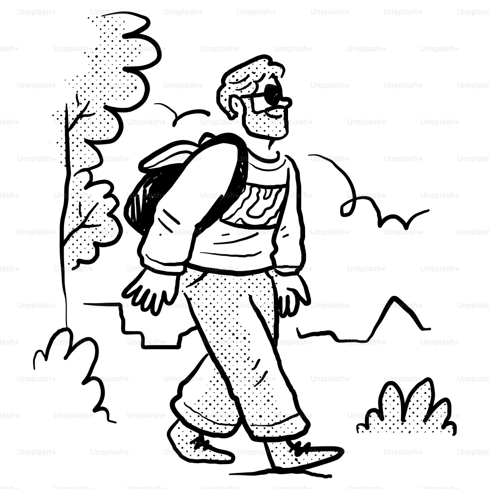 A black and white drawing of a man with a backpack