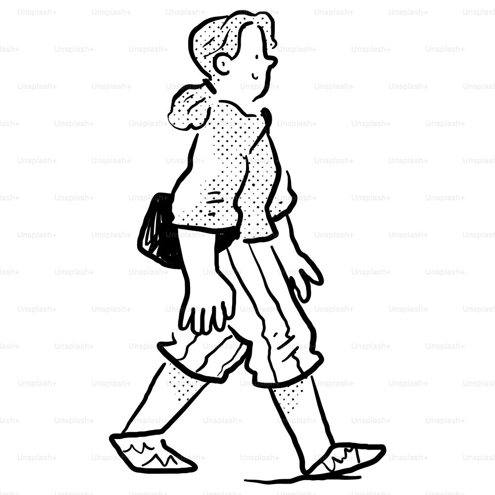 A black and white drawing of a woman walking