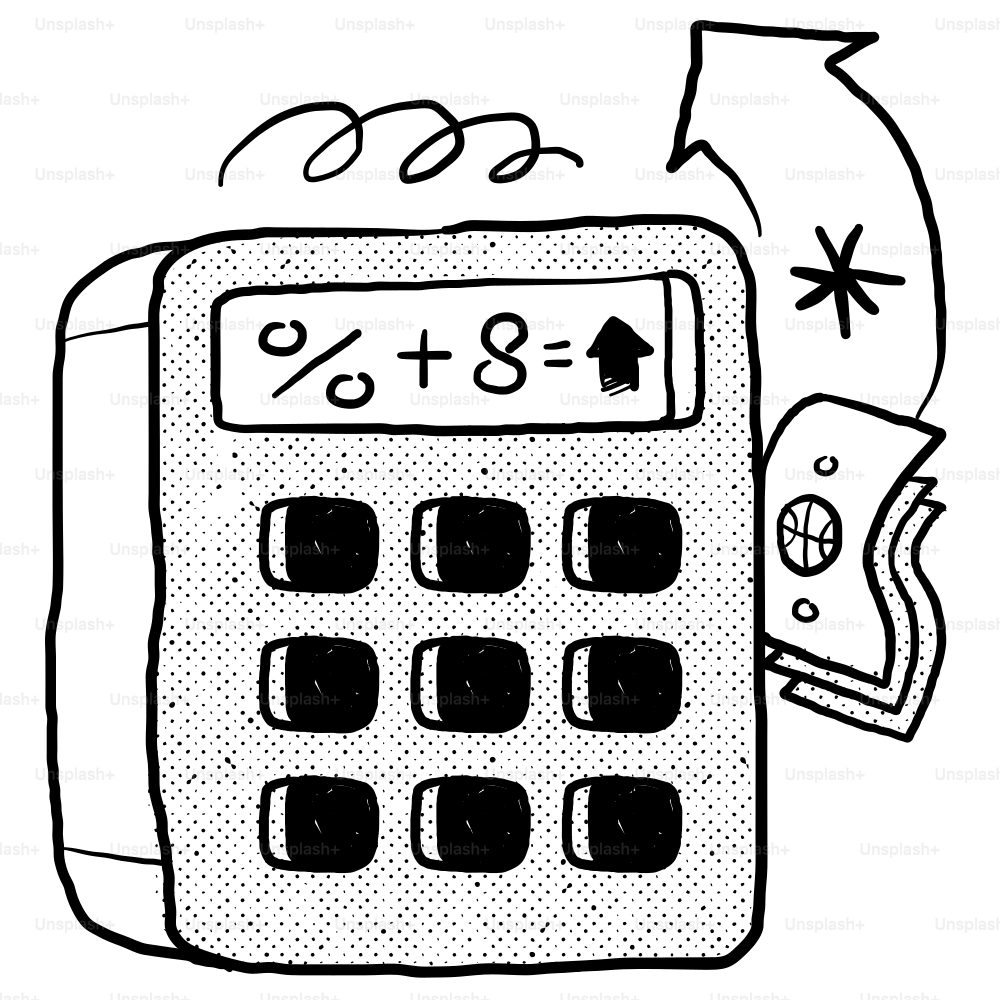 A drawing of a calculator with an arrow pointing up