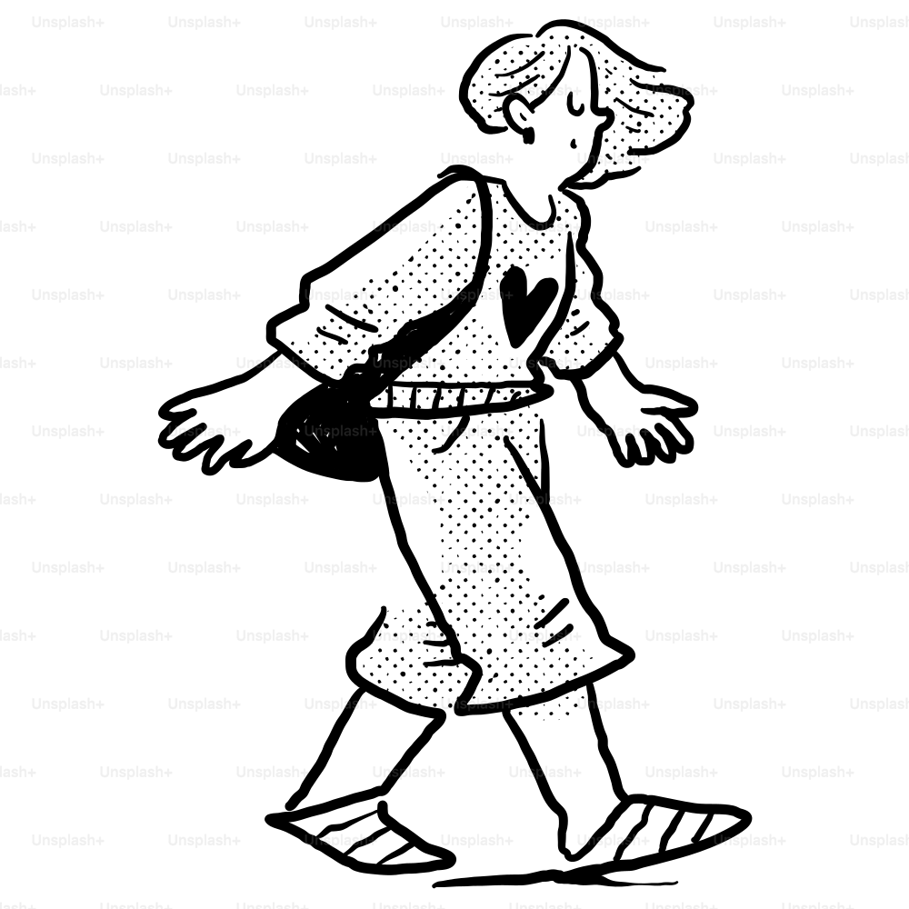 A black and white drawing of a woman walking