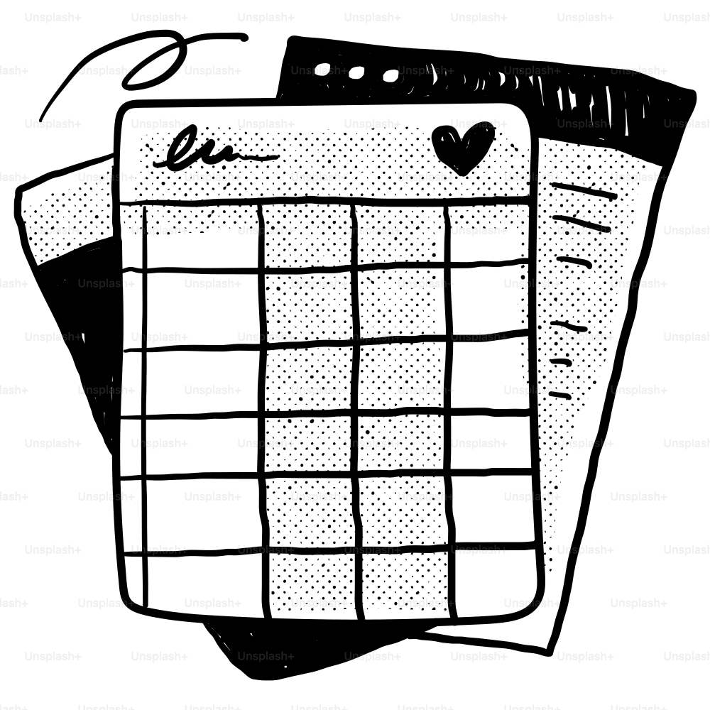 A black and white drawing of a calendar