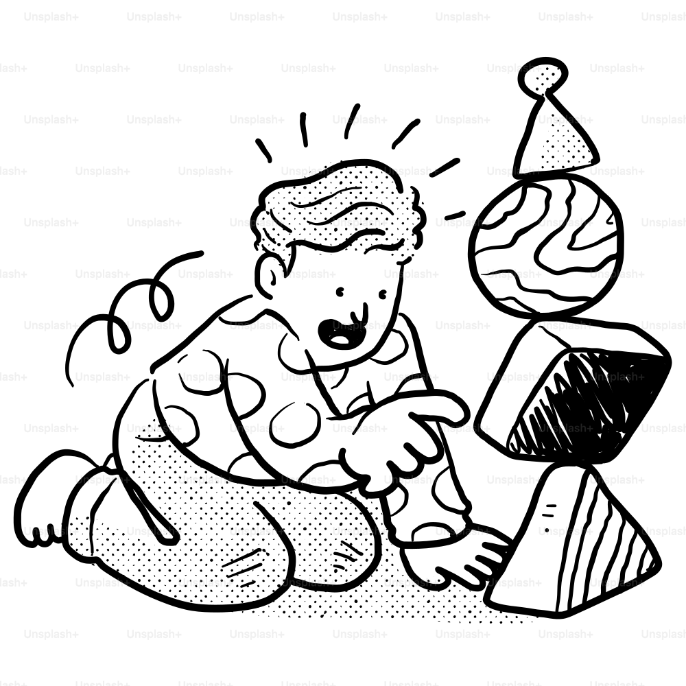 A black and white drawing of a child playing with a toy