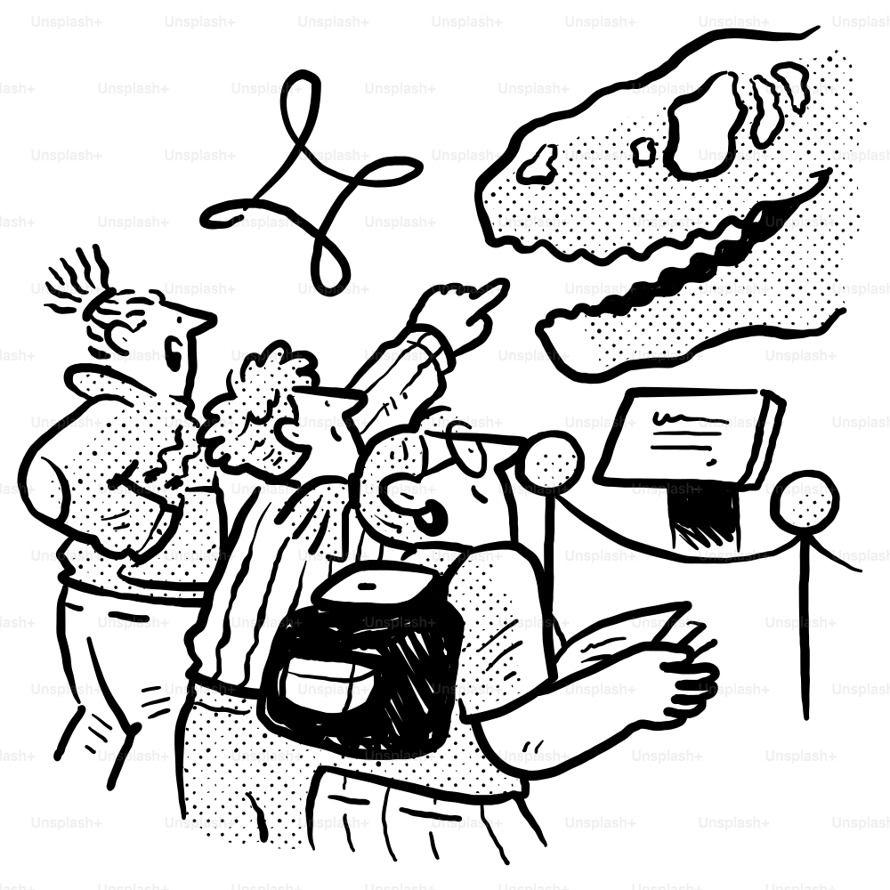 A black and white drawing of a man looking at a dinosaur