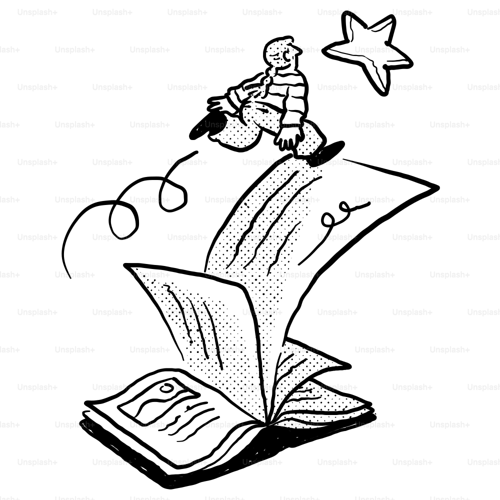 A drawing of a man flying over a book