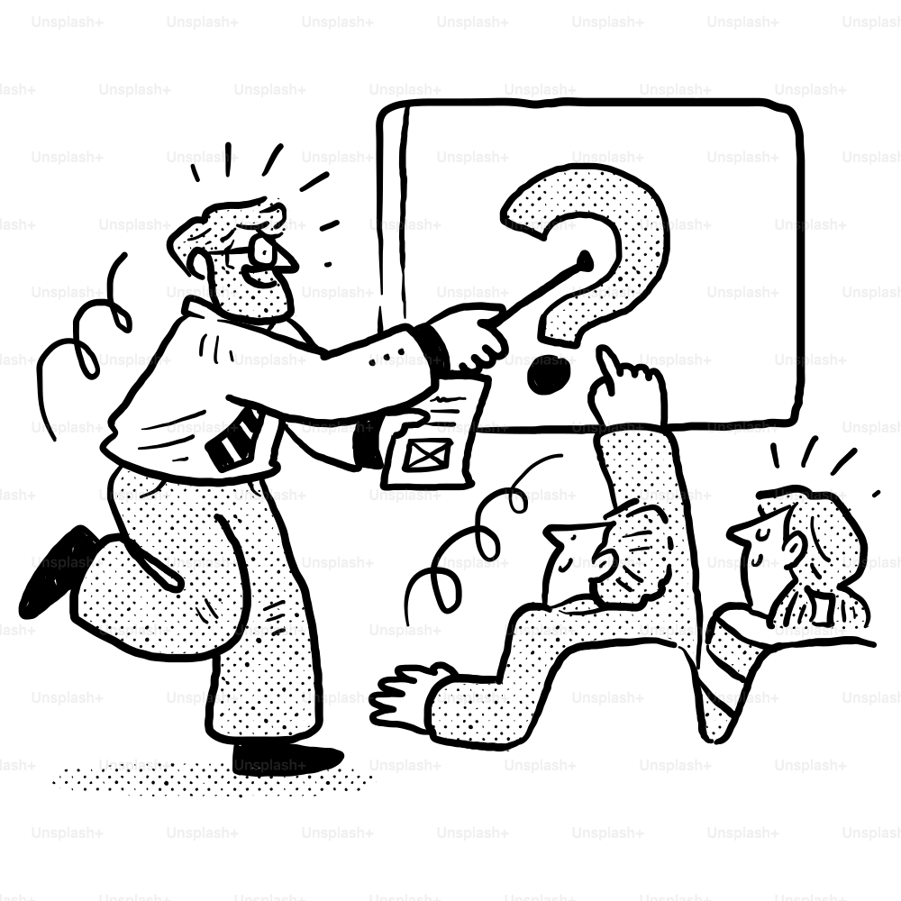 A black and white cartoon drawing of a man trying to solve a question