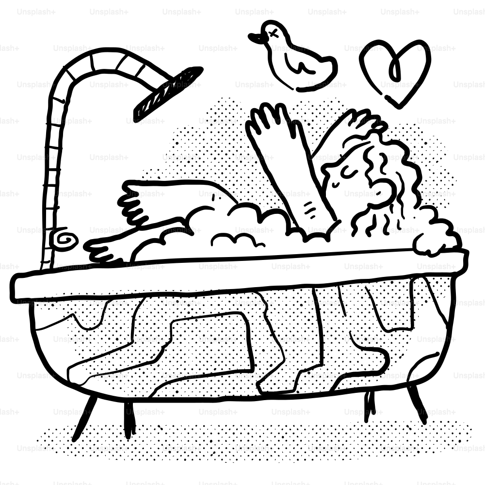 A drawing of a person in a bath tub