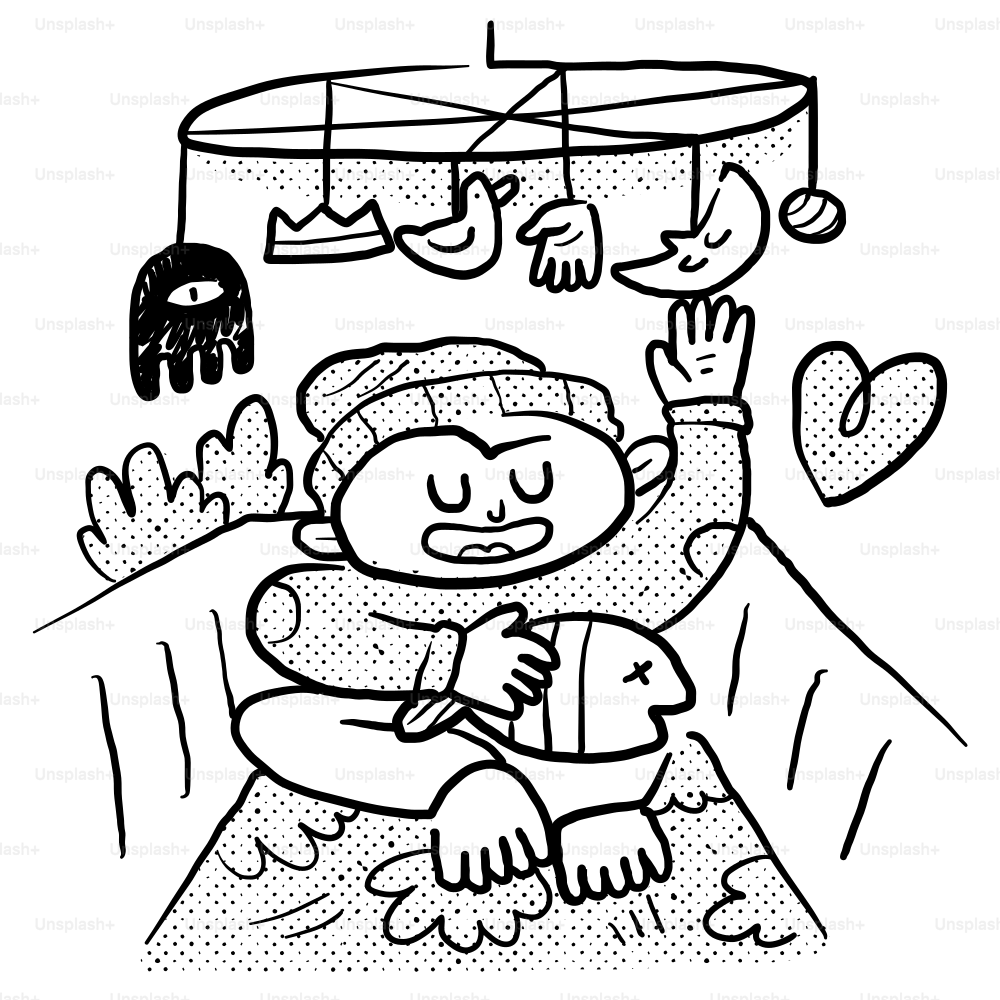 A black and white drawing of a person in bed