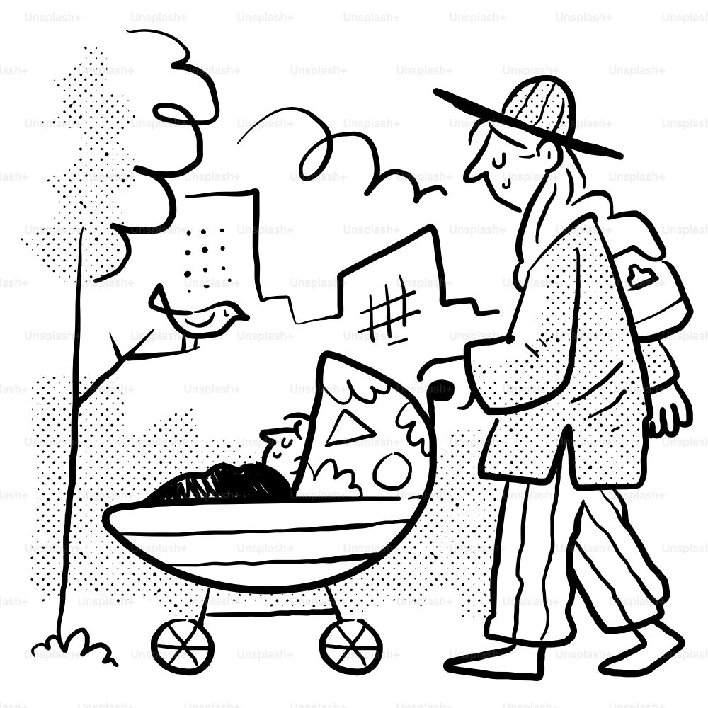 A drawing of a man pushing a baby in a stroller