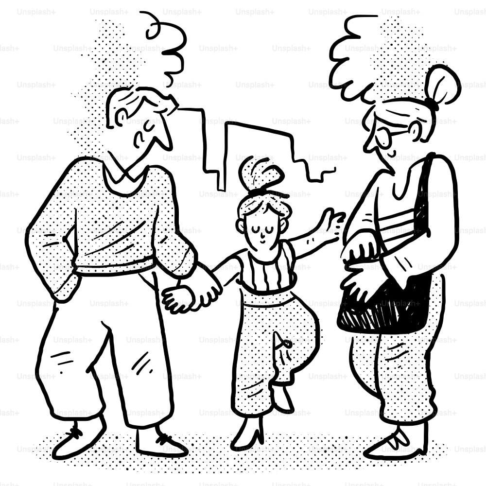 A black and white drawing of a family