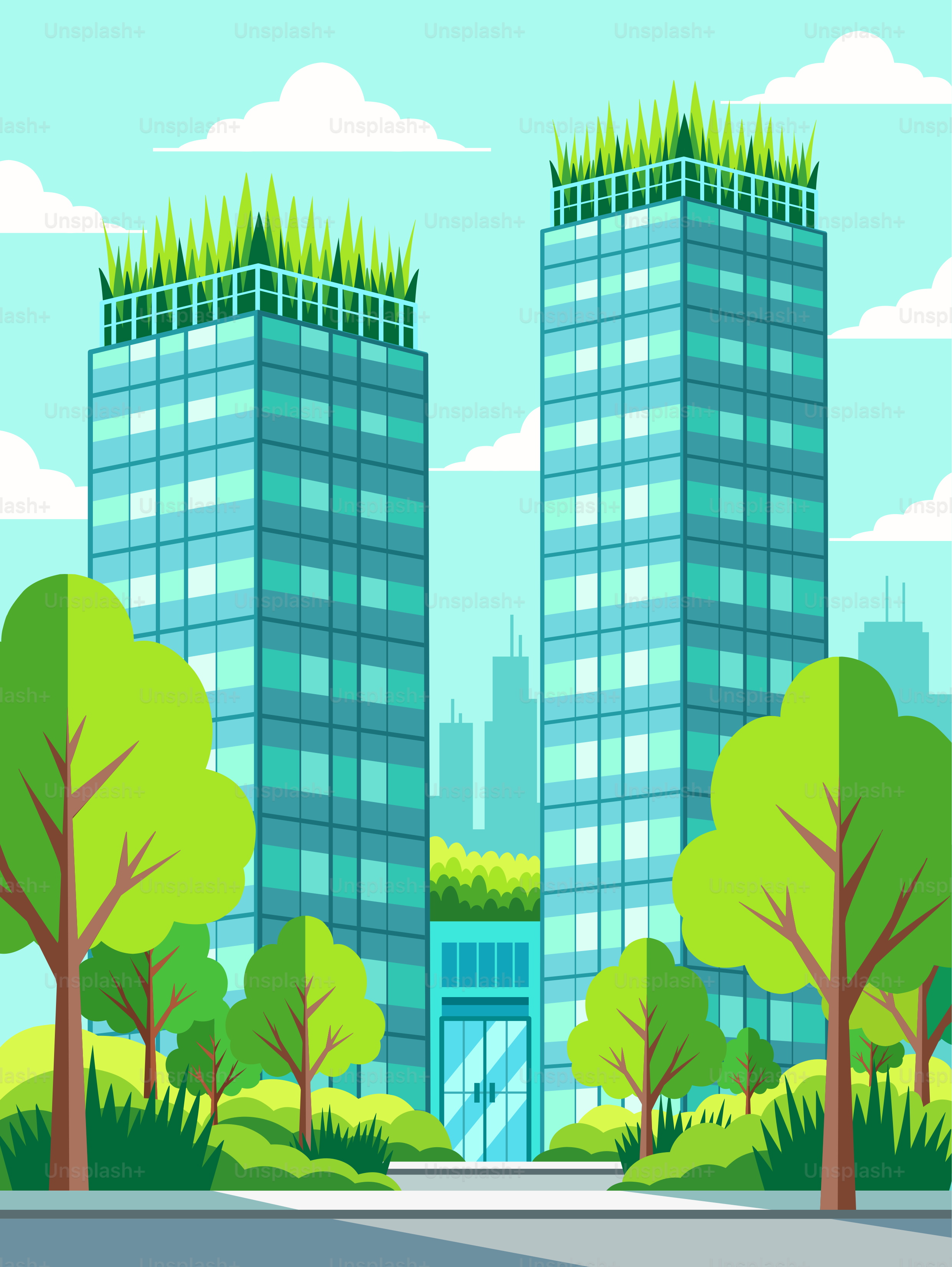 A city with tall buildings and trees in the foreground