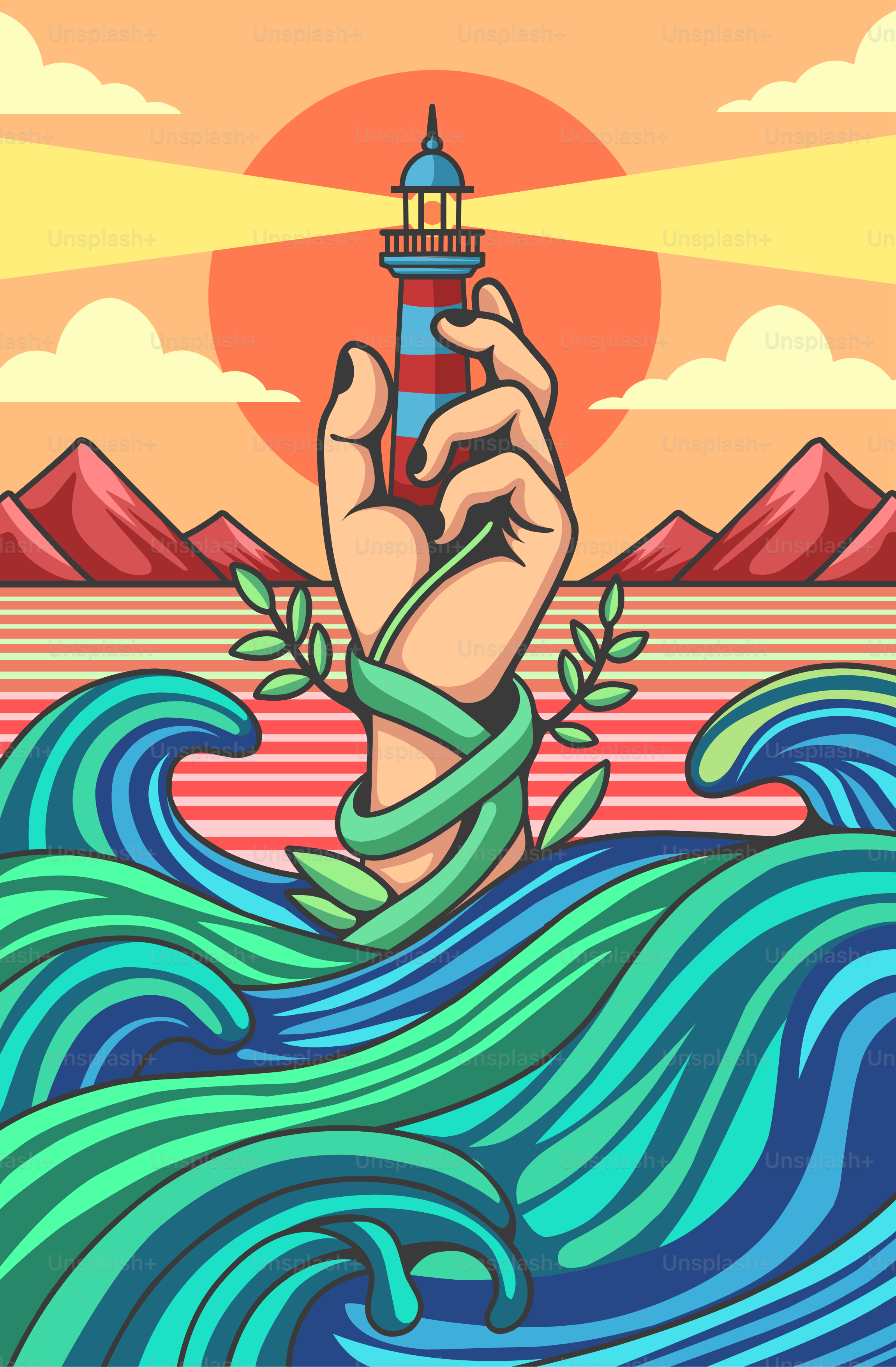 A painting of a hand holding a bottle with a lighthouse in the background
