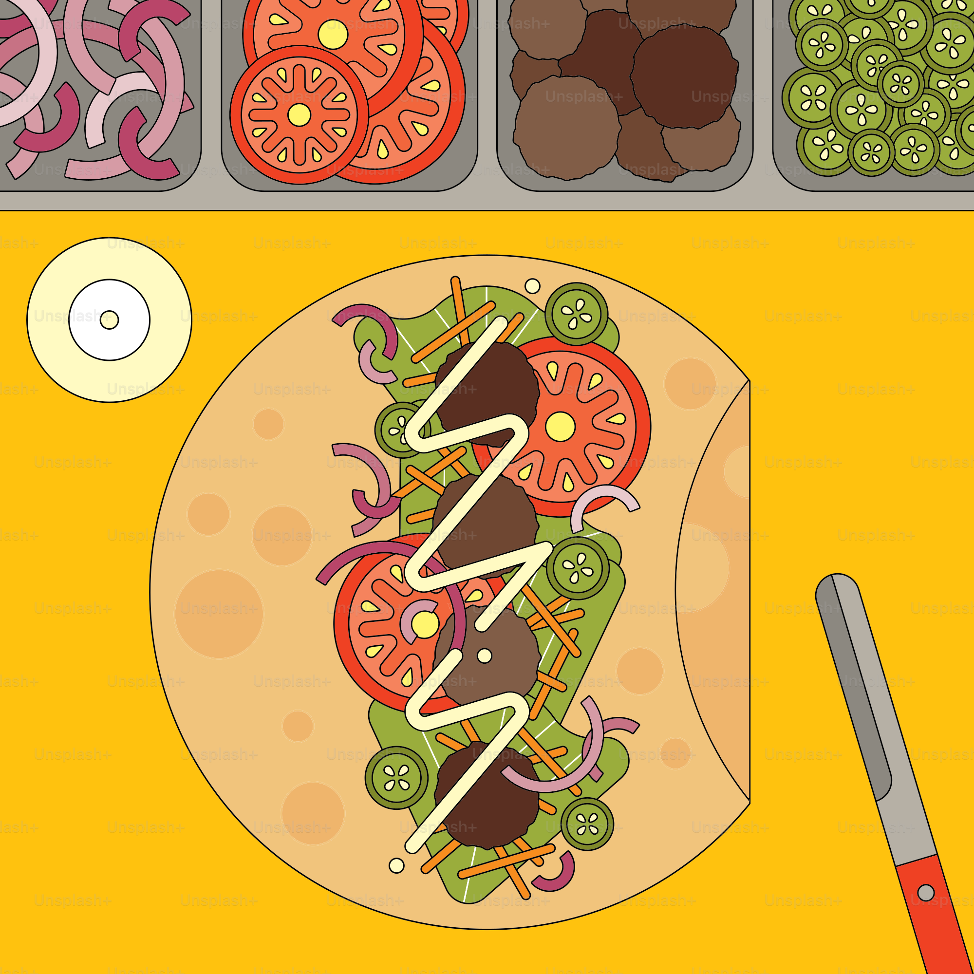 A table with a plate of food and a knife