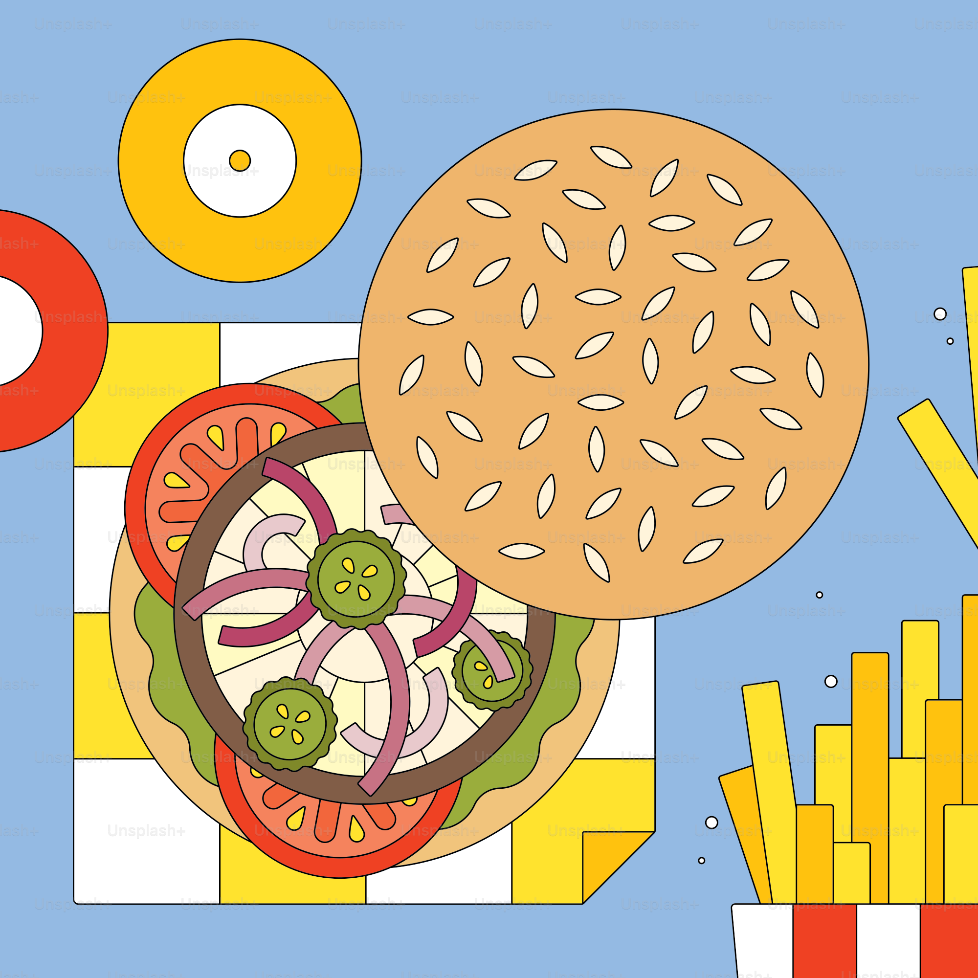 A hamburger and french fries are on a blue background