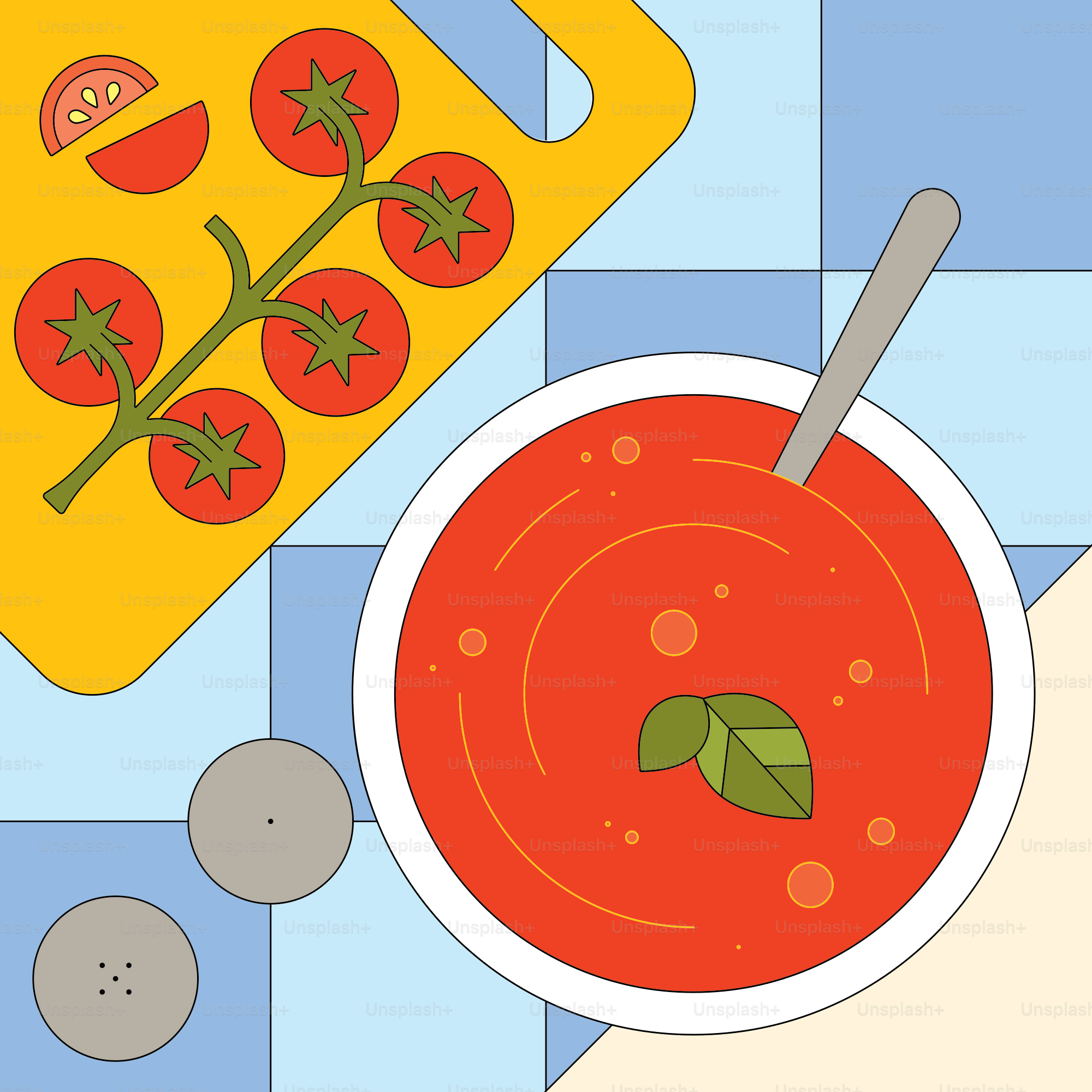 Eine Schüssel Tomatensuppe neben einem Schneidebrett