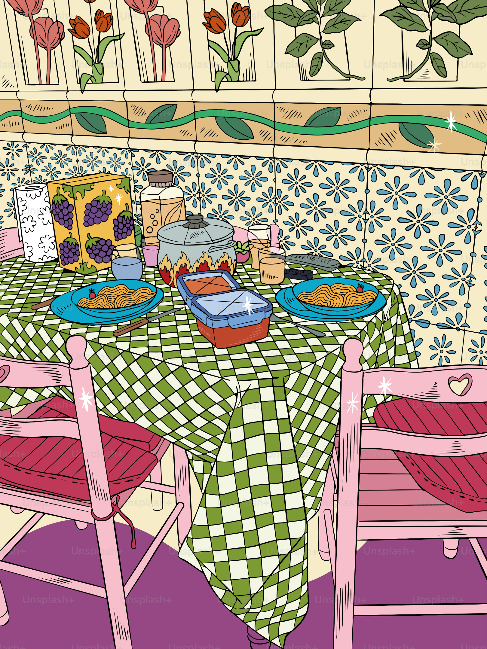 A painting of a table with plates of food on it