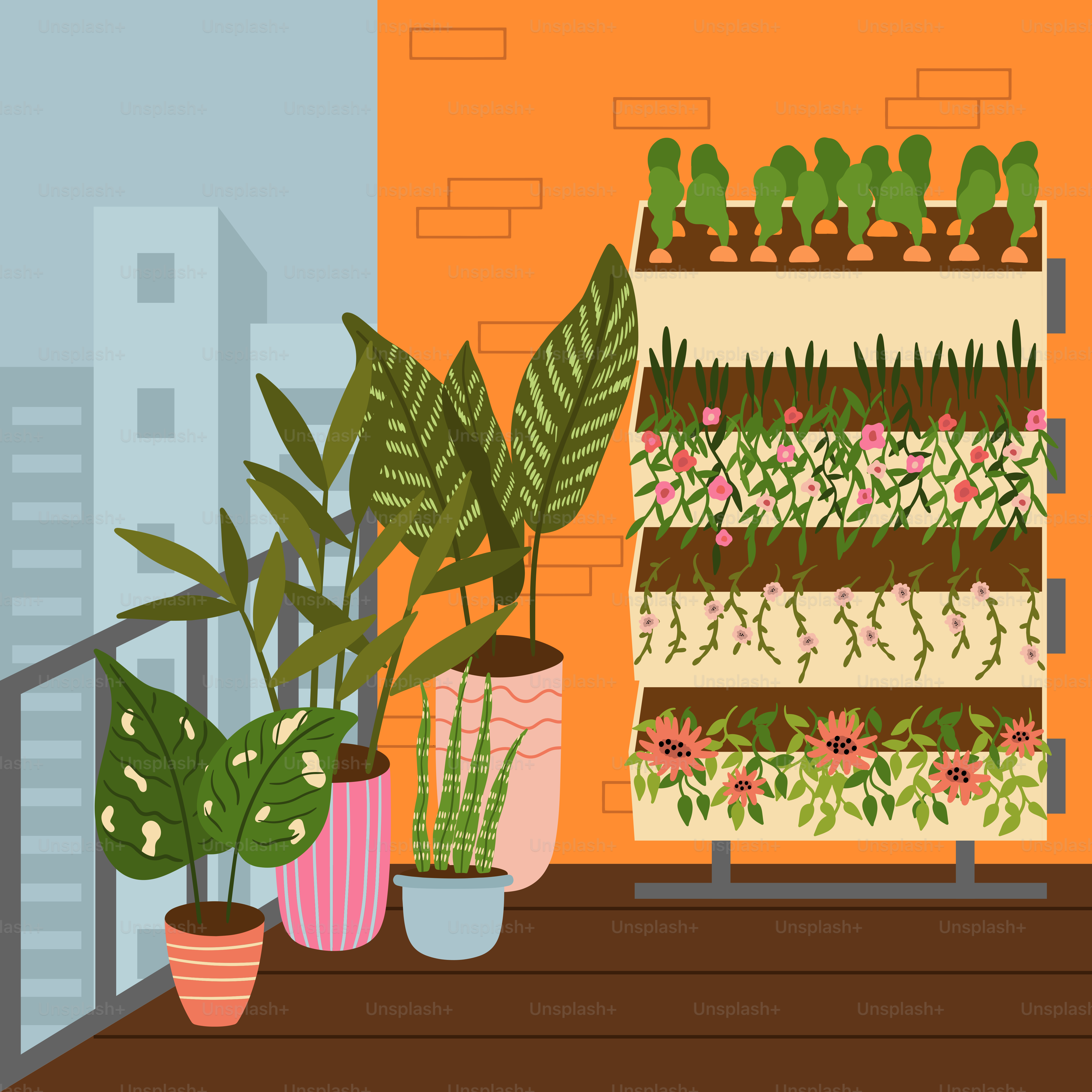 A balcony with potted plants on a shelf