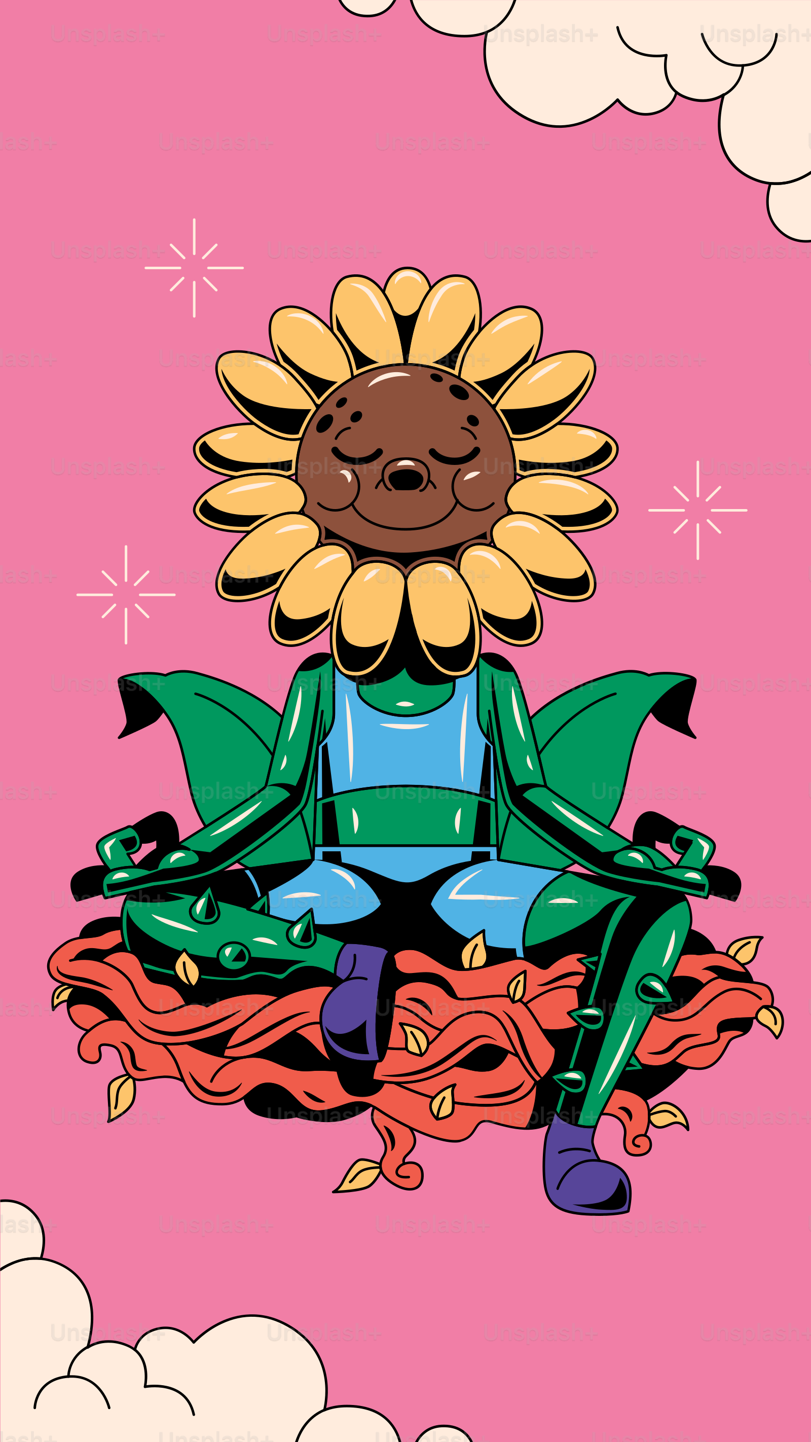 A person sitting in a lotus position with a sunflower on their head