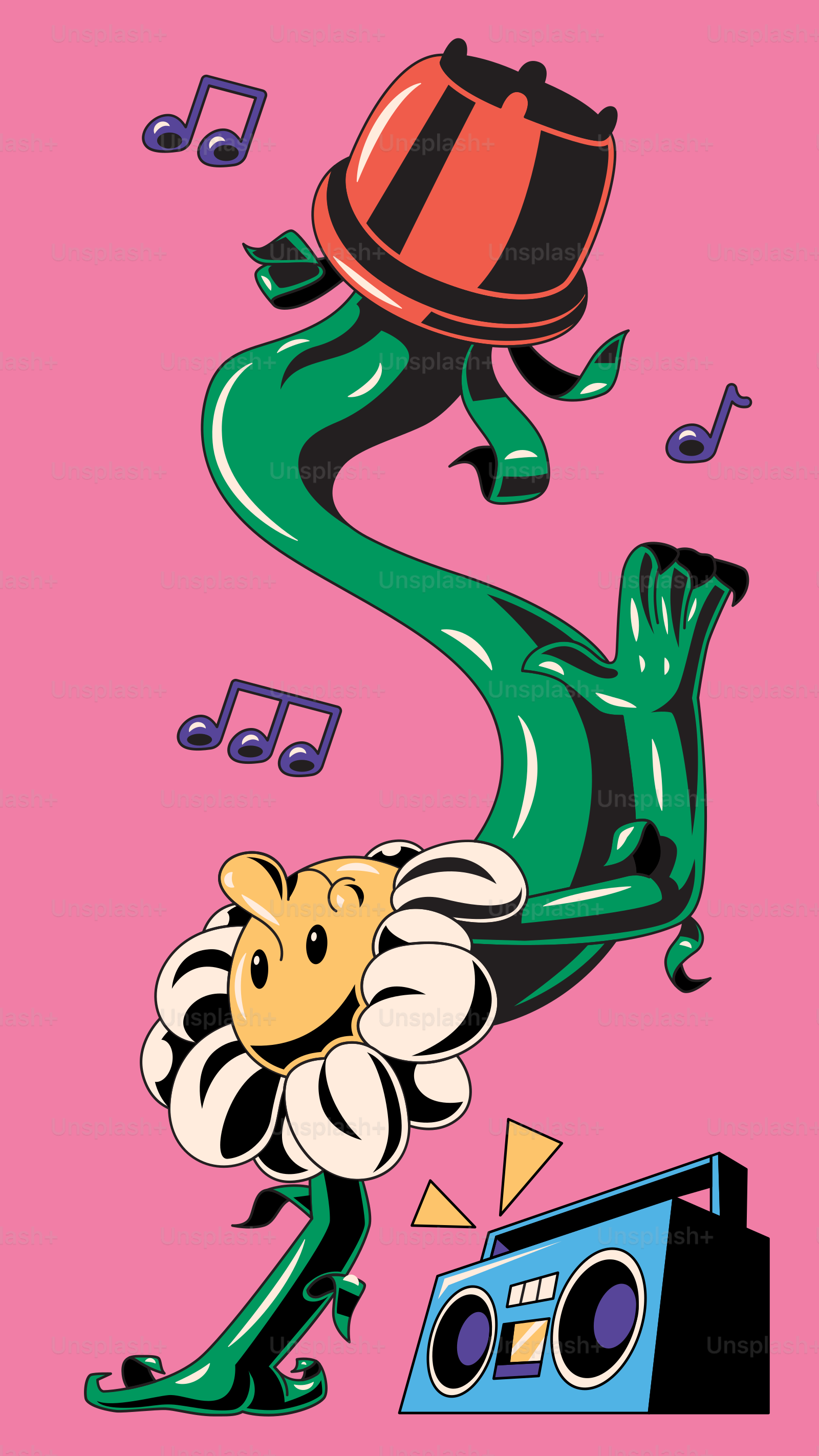 A cartoon character with a hat and a boombox