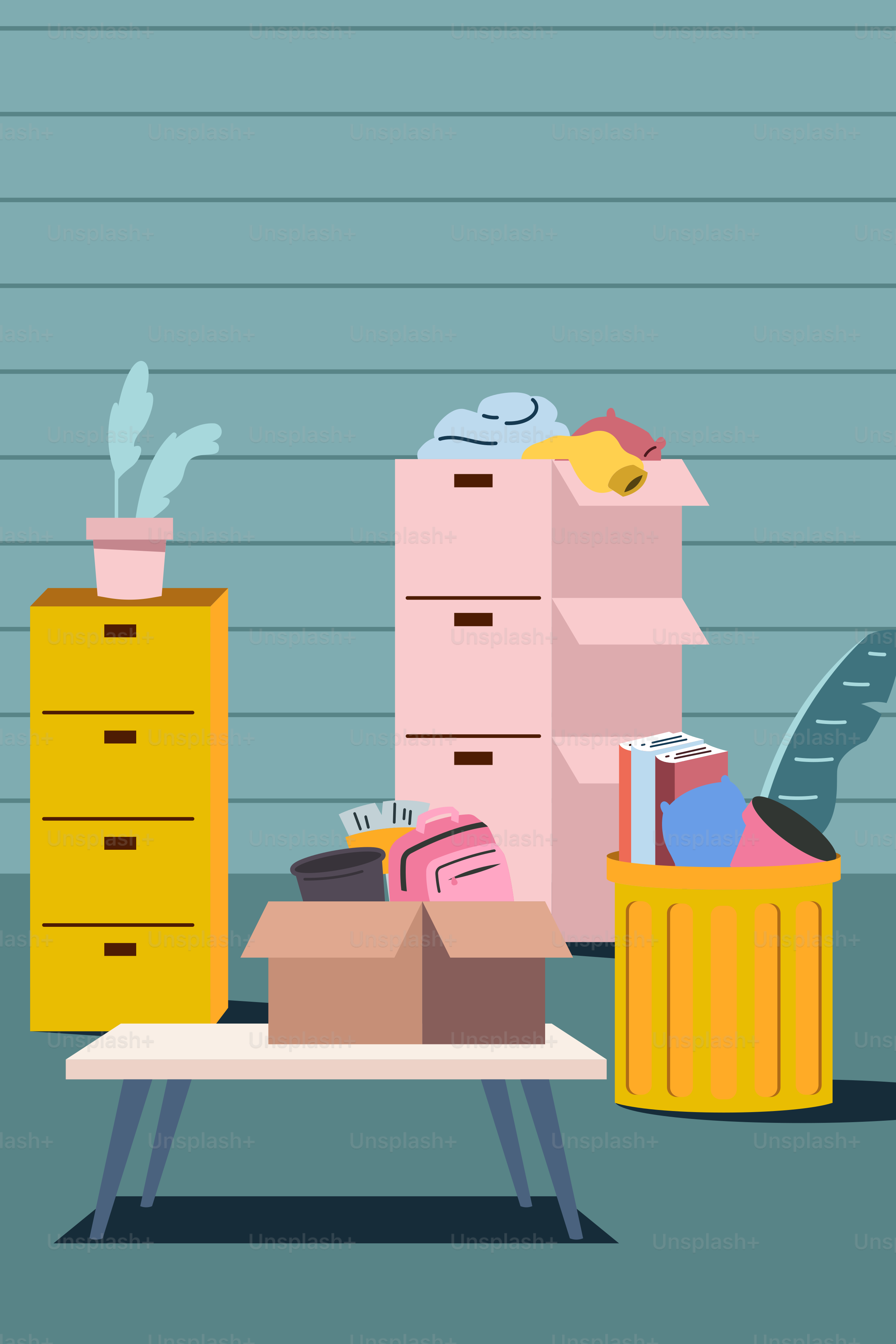 A table with boxes and boxes on top of it