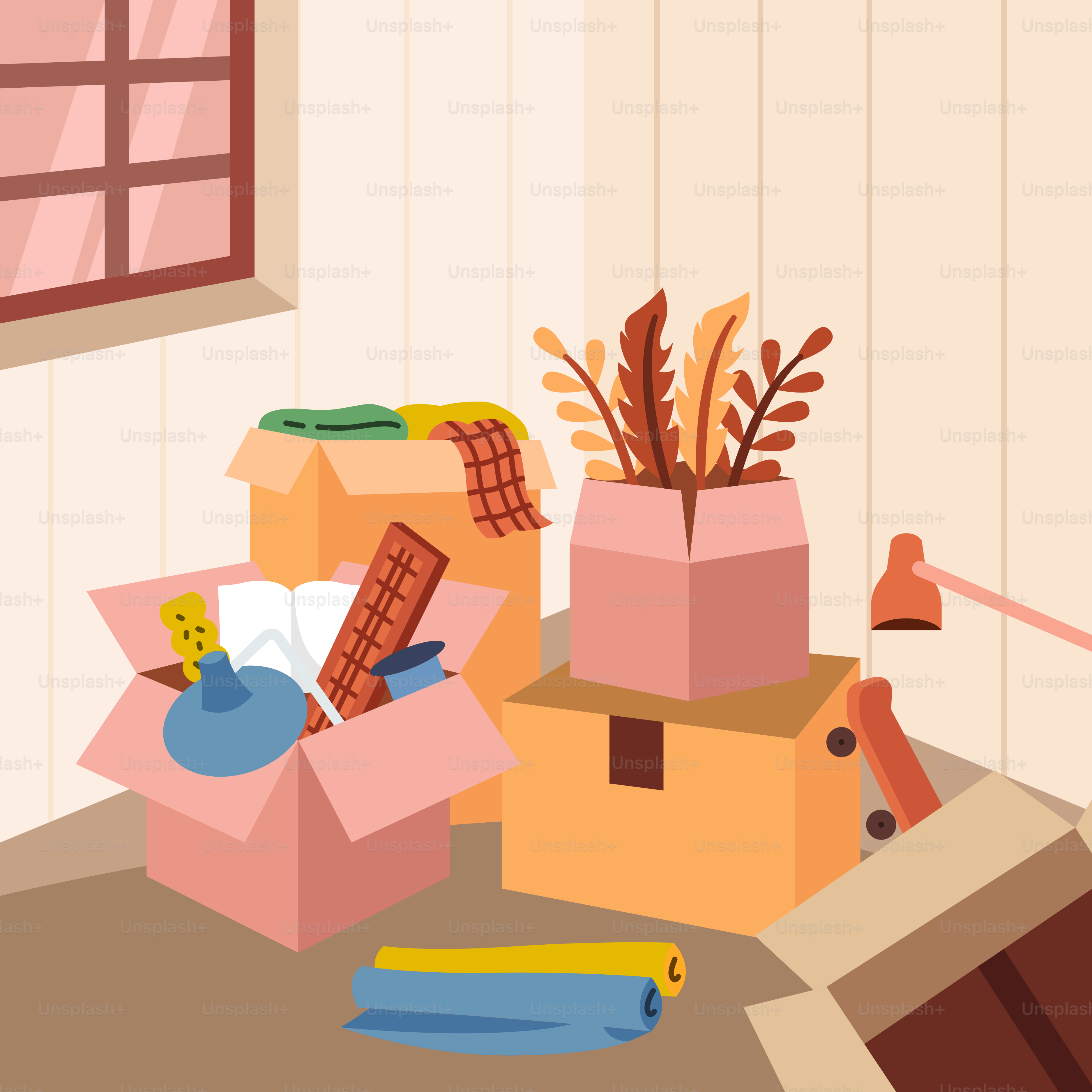 A room filled with boxes and a window