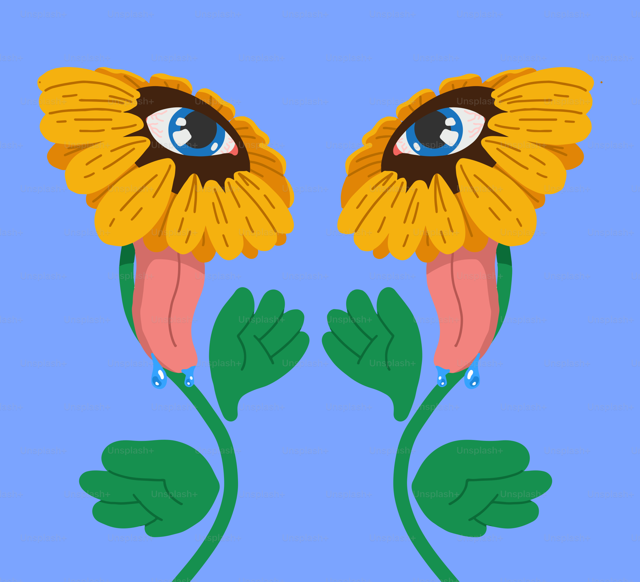 Two yellow flowers with blue eyes on a blue background