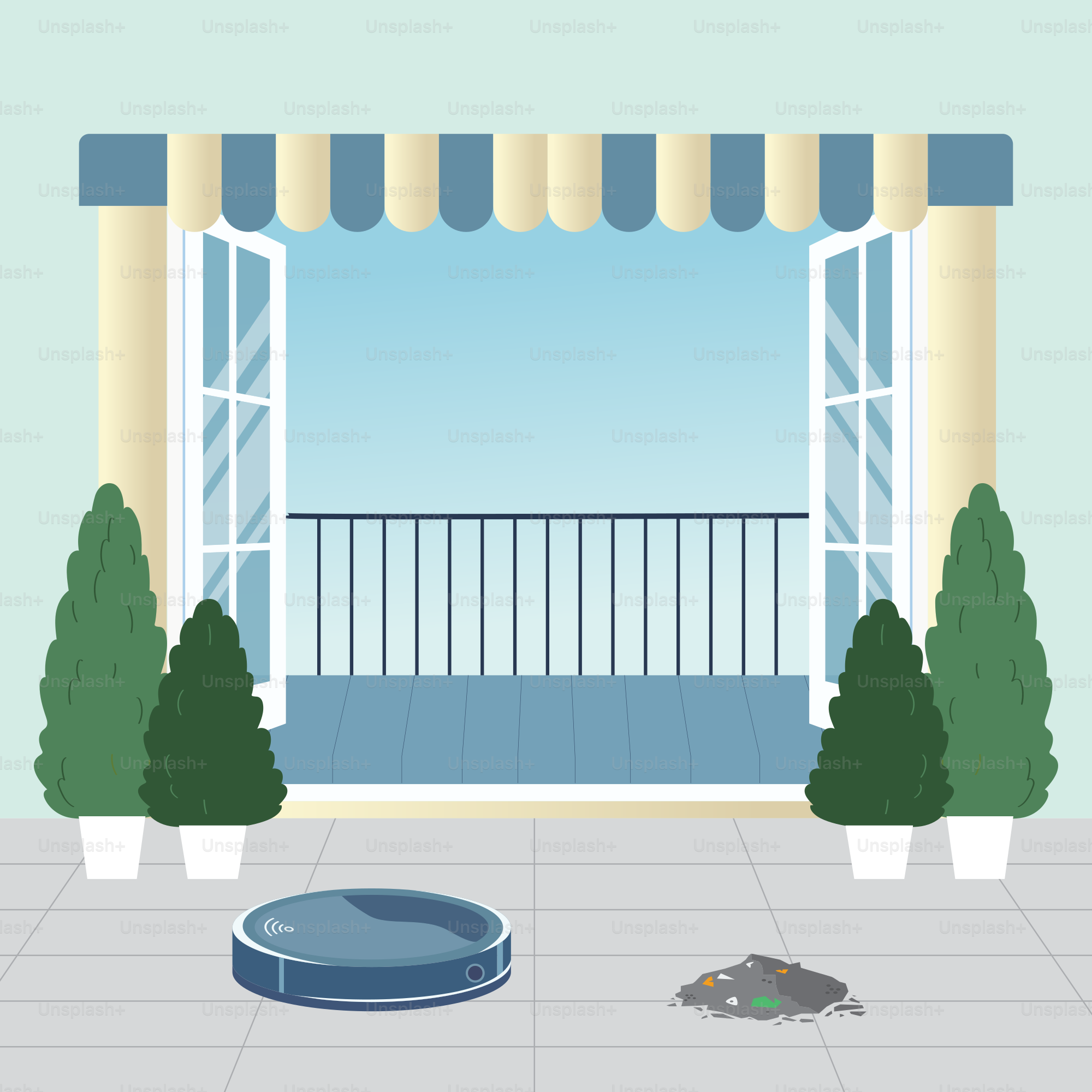 A room with an open window and a blue trampoline