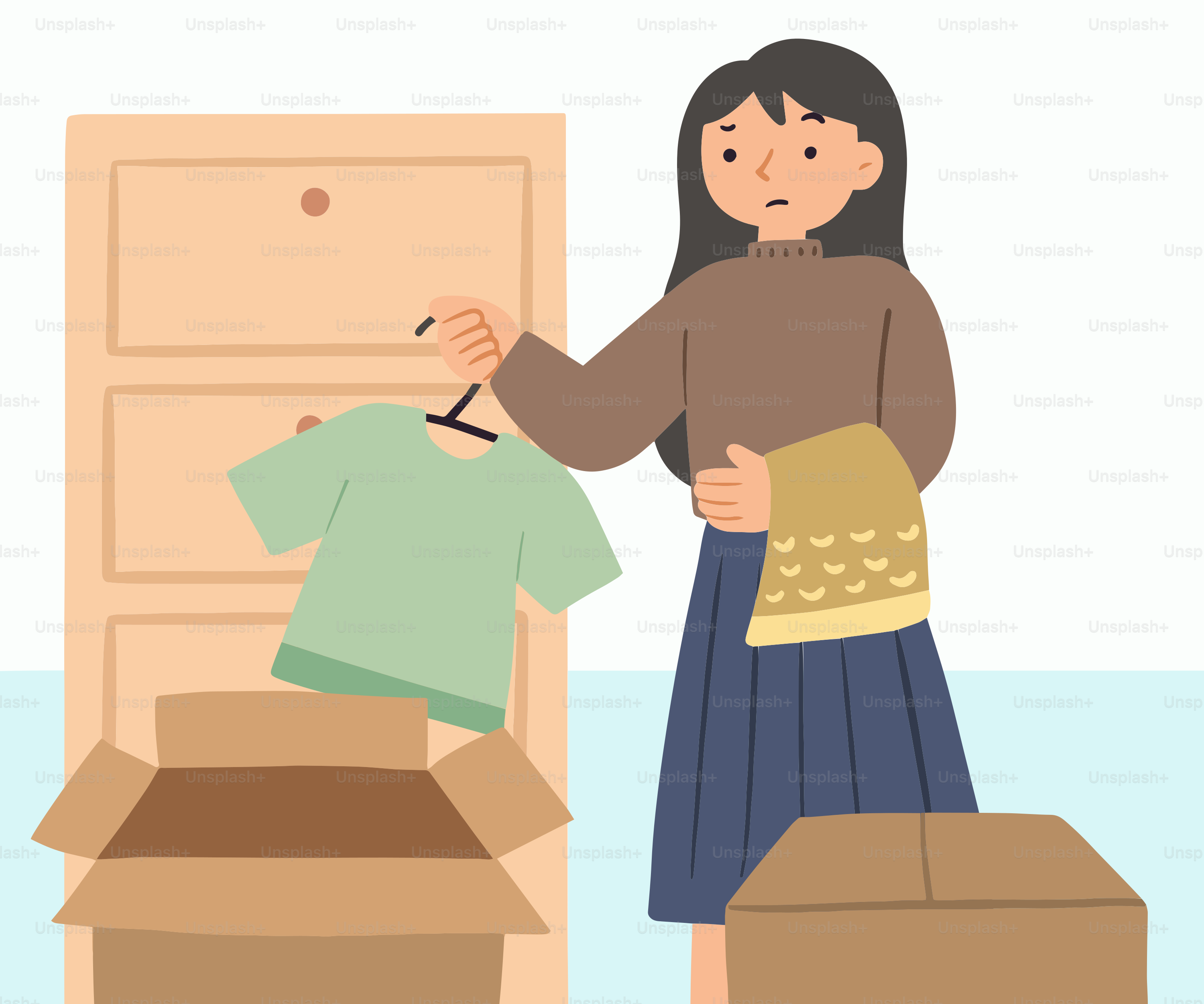 A woman standing in front of a box with a shirt on it