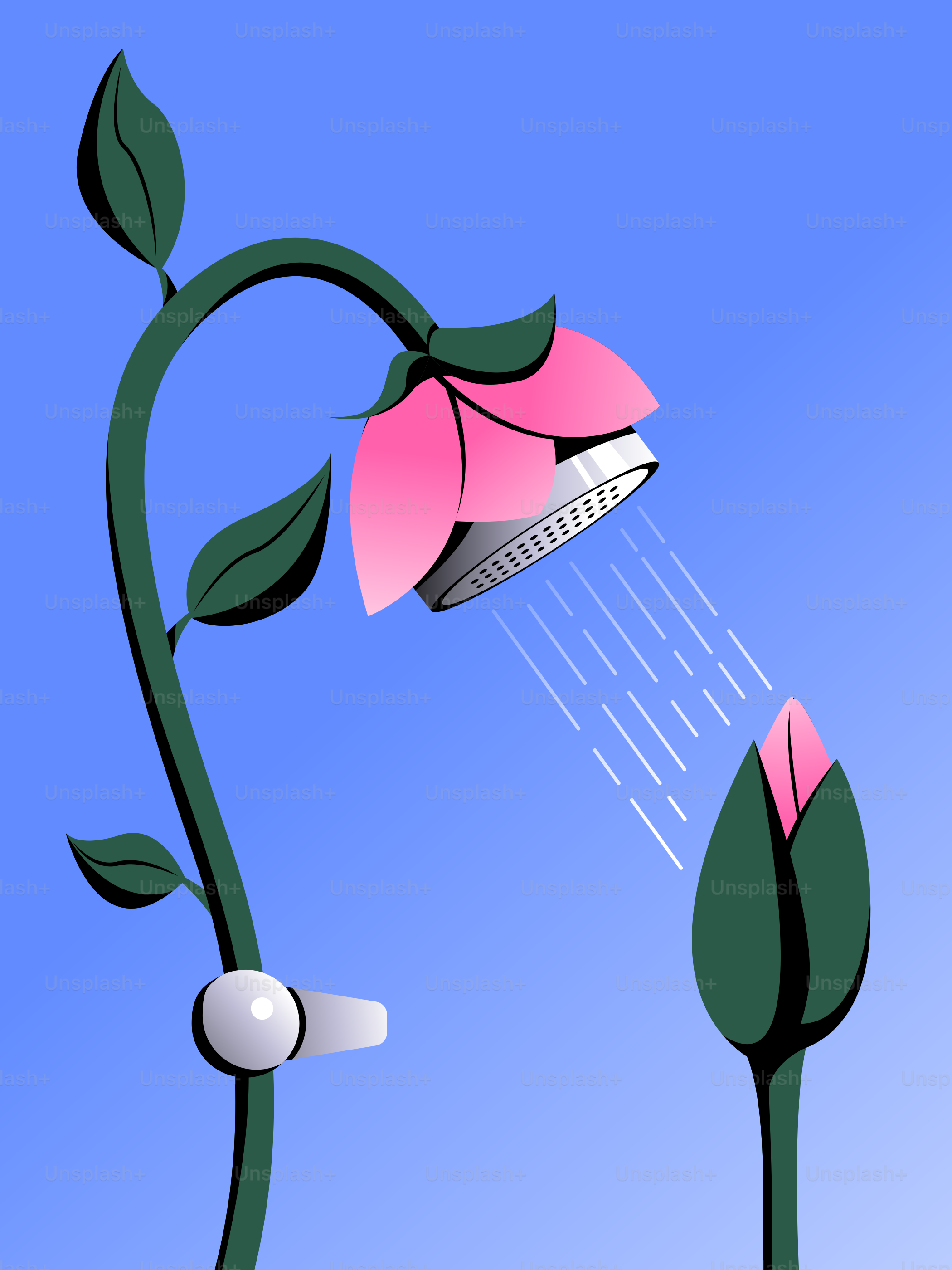 A pink flower spewing water onto a blue sky