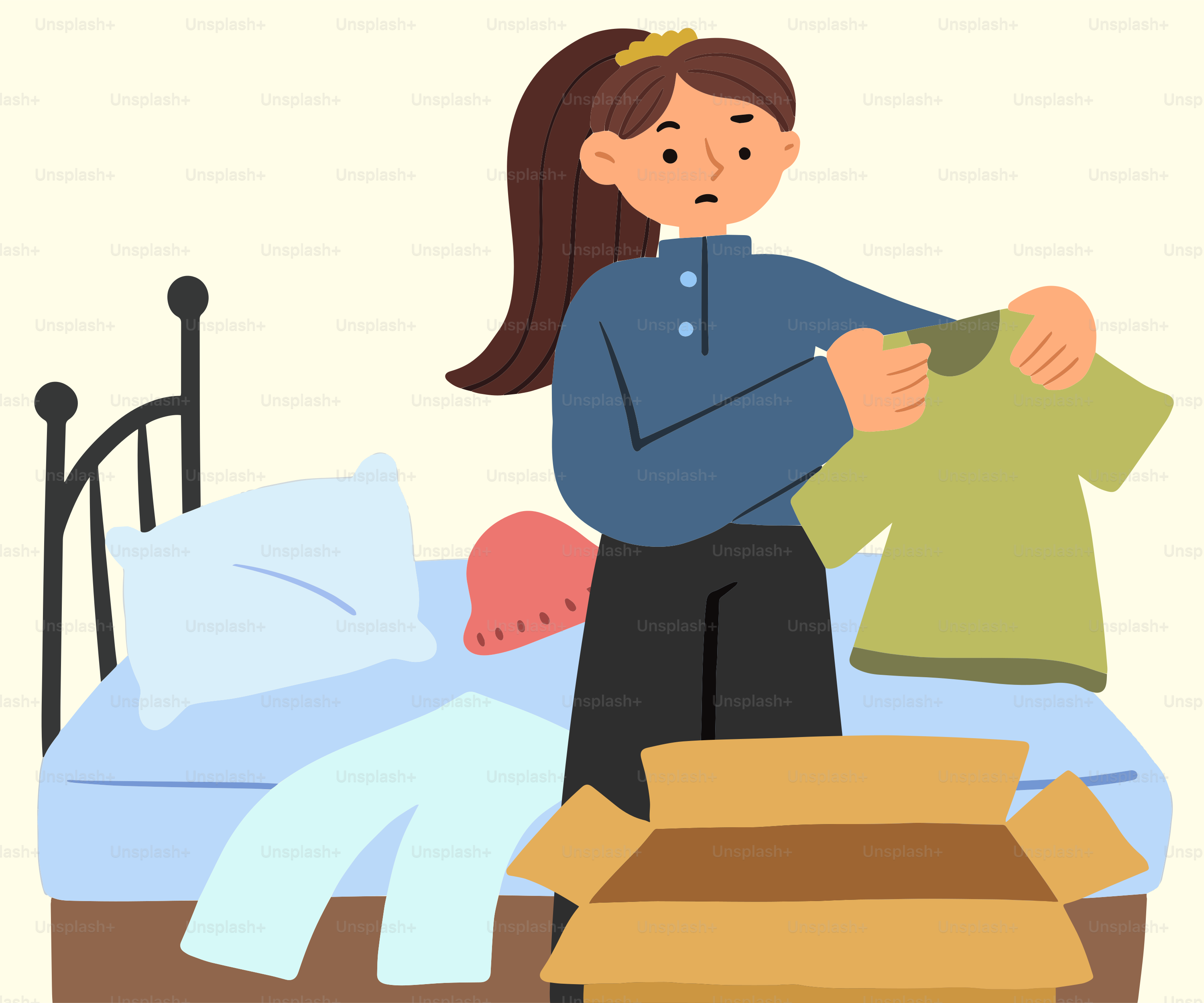 A woman standing in front of a pile of clothes