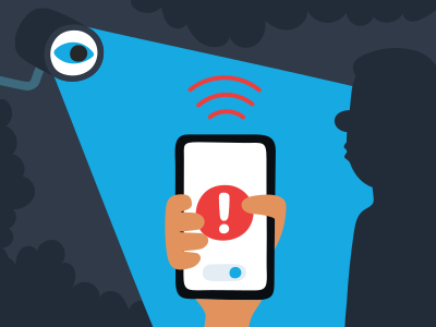 A hand holding a smart phone with a question mark on the screen