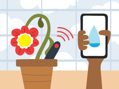 Eine Person, die ein Telefon mit einer Blume in einem Topf hält