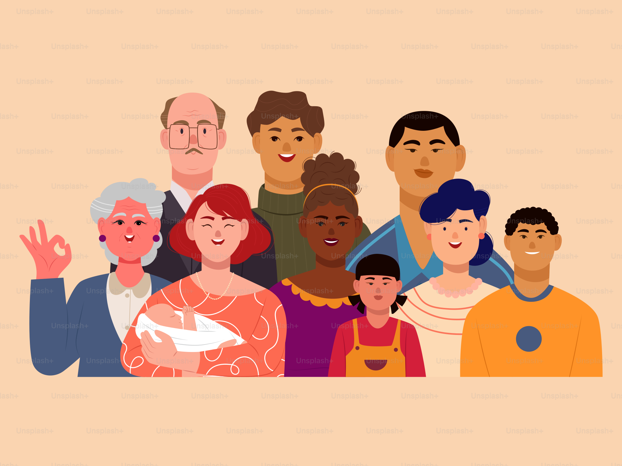 Eine Gruppe von Menschen, die nebeneinander stehen Vektor – Bild zum Thema  Mädchen auf Unsplash, image size:3000x2250