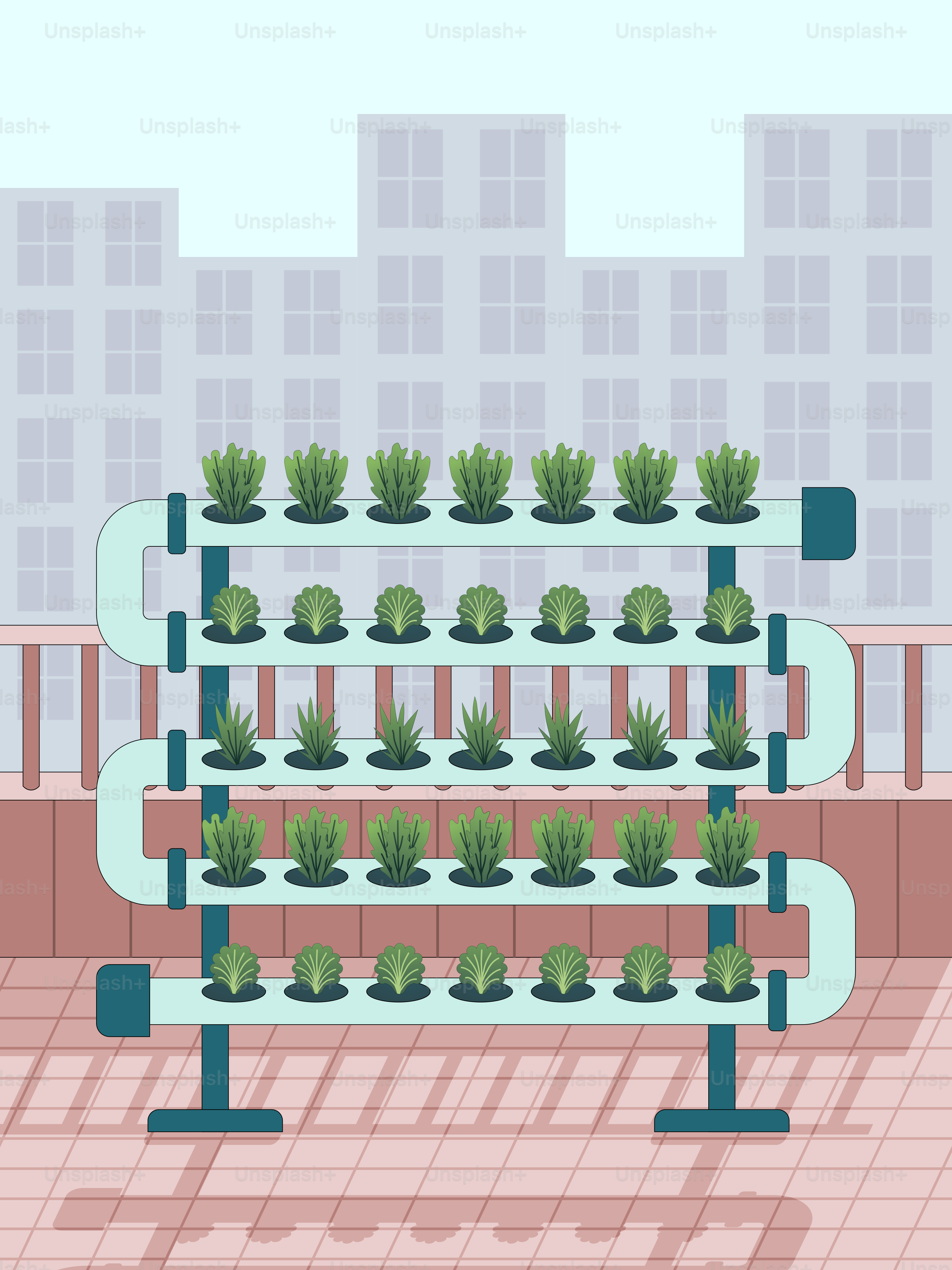 A planter filled with lots of plants next to a tall building