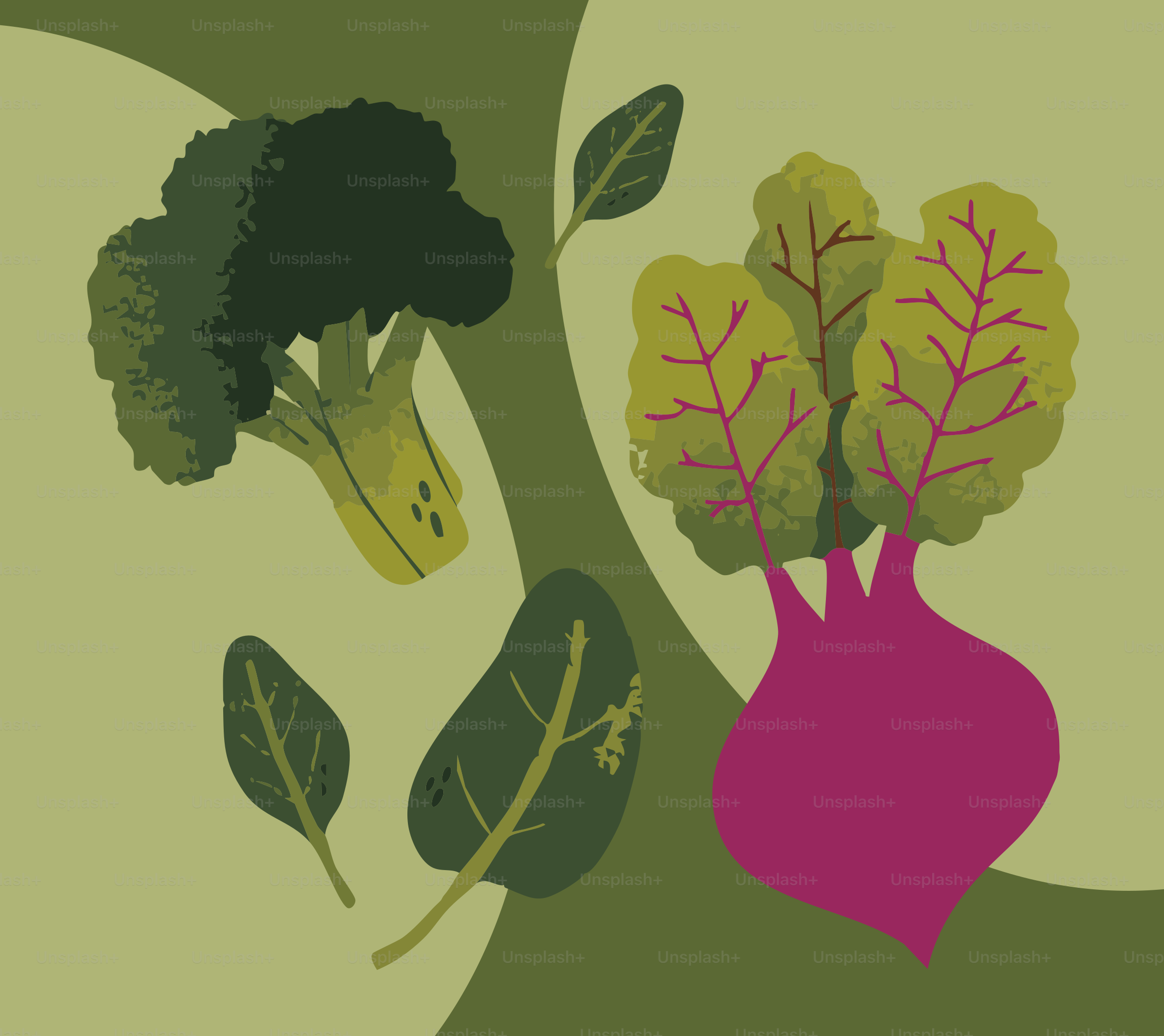 A painting of broccoli and other vegetables on a green background
