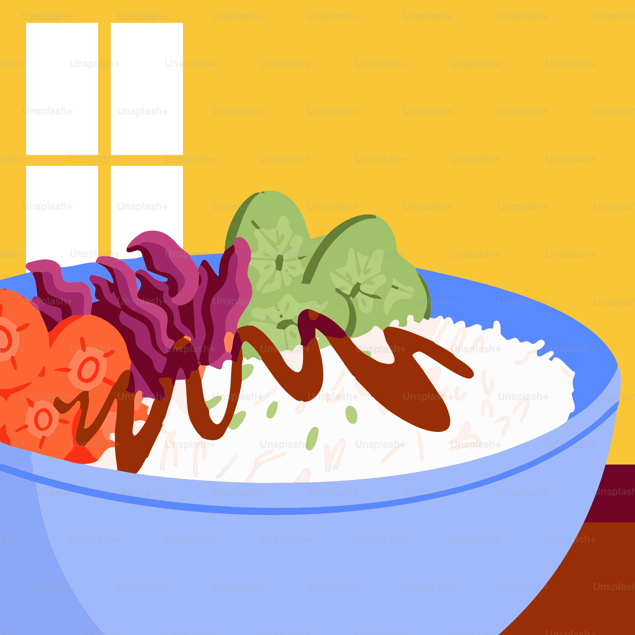 Eine mit Reis und Gemüse gefüllte Schüssel auf einem Tisch