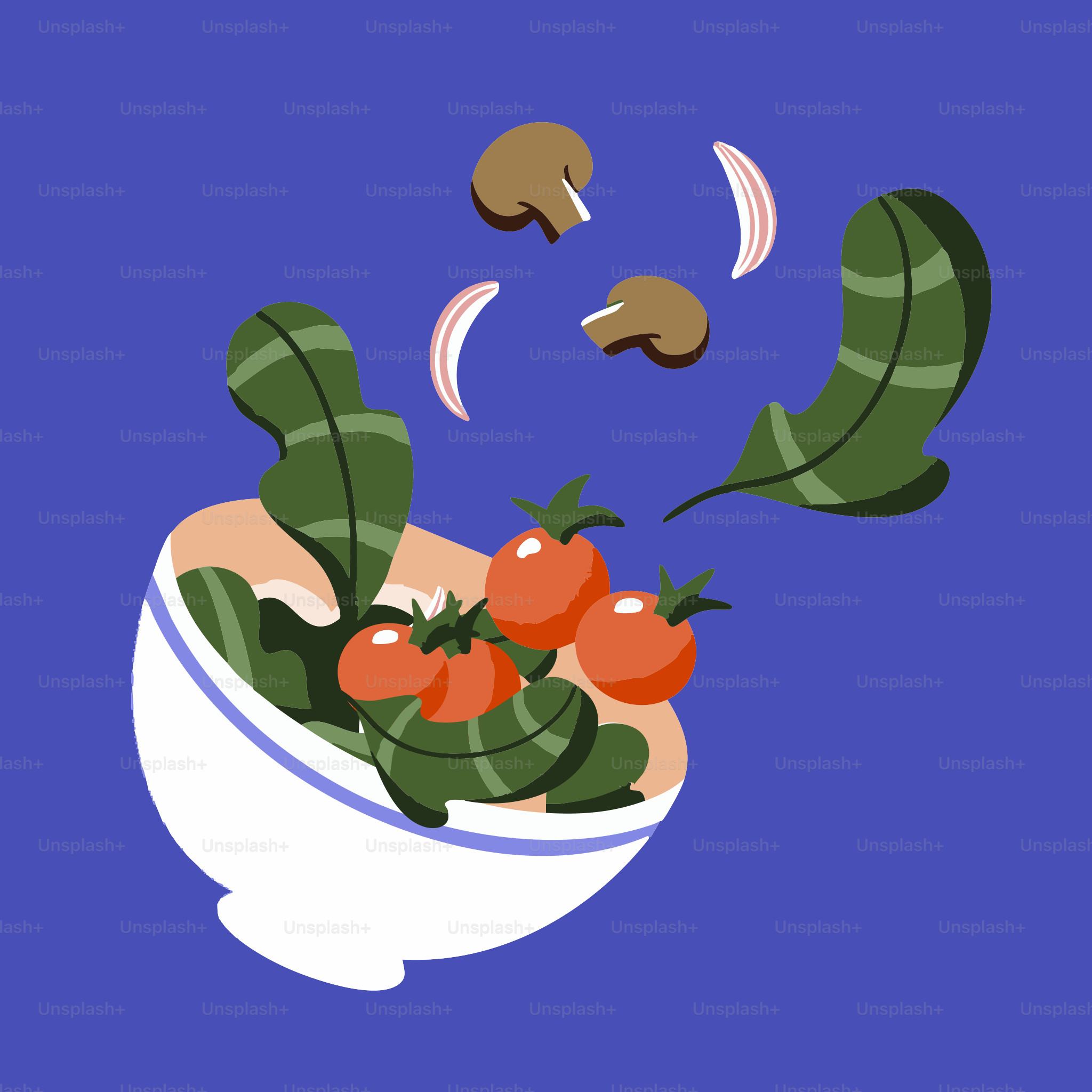 A bowl filled with tomatoes and mushrooms on top of a blue background