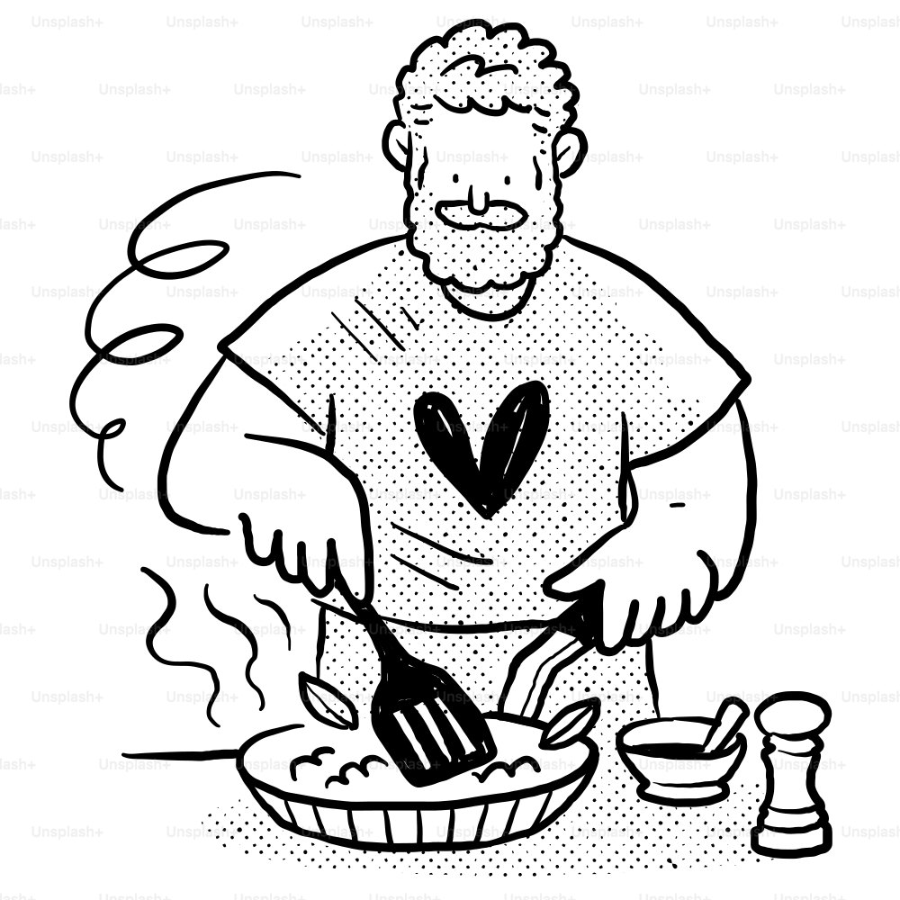 A black and white drawing of a man cooking