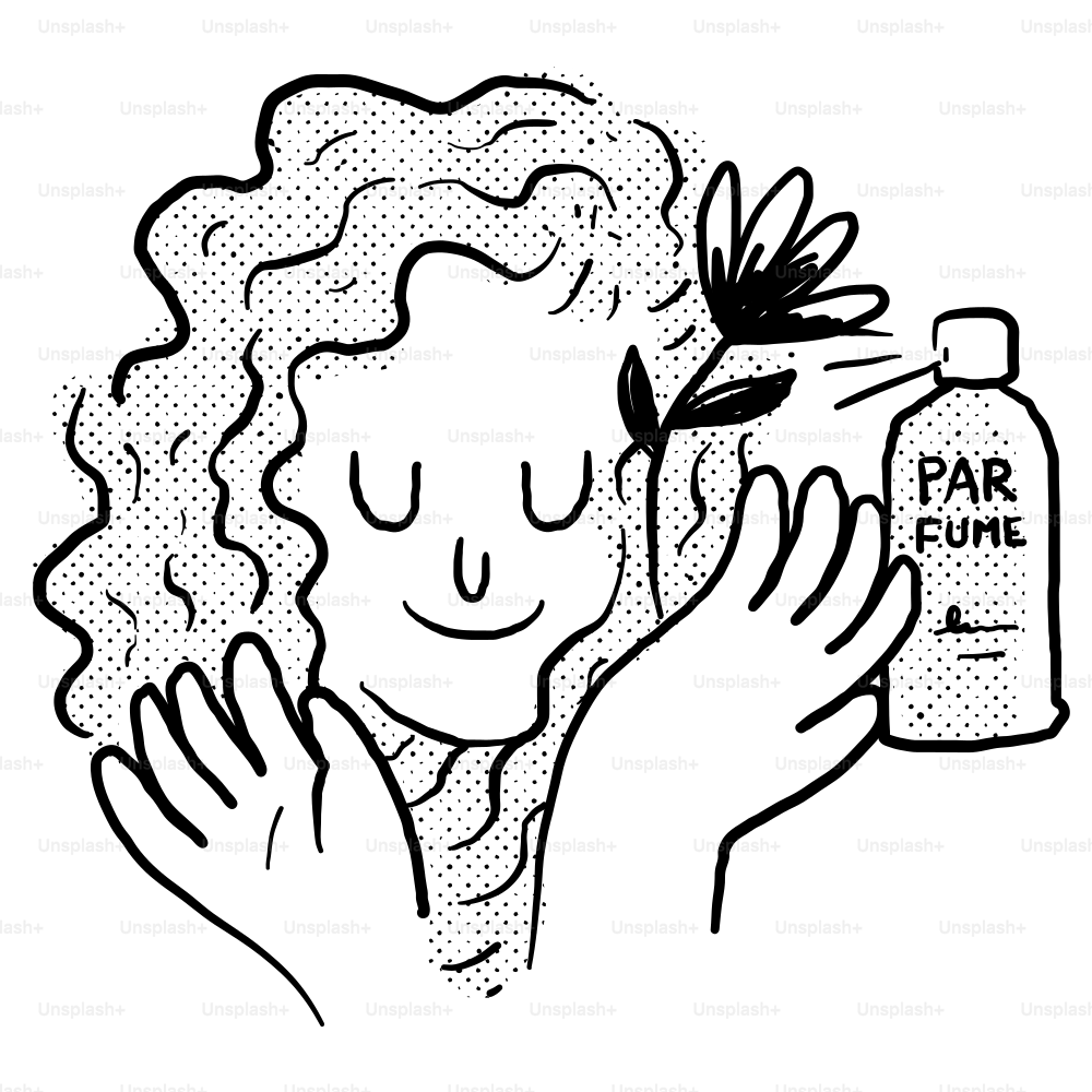 A drawing of a woman holding a bottle of parfum