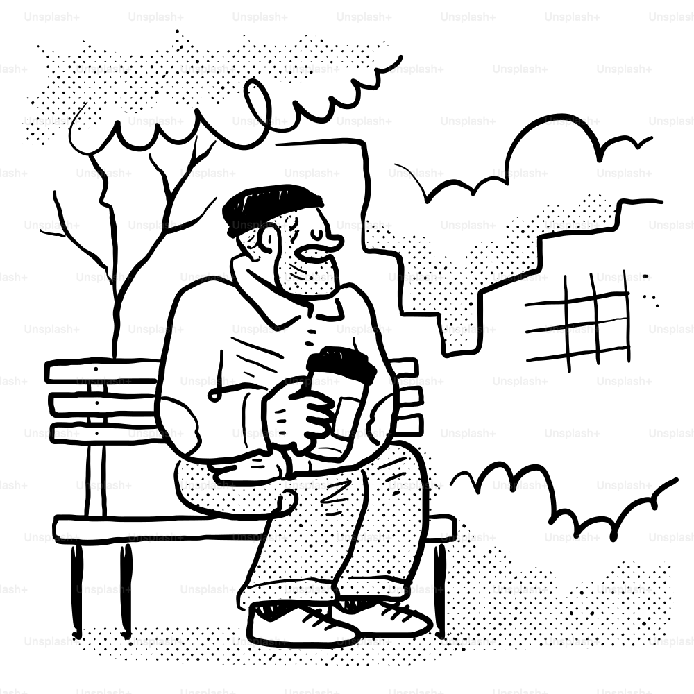 A black and white drawing of a man sitting on a bench