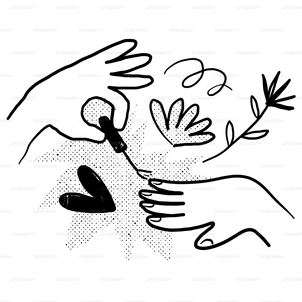 A drawing of two hands reaching for a flower