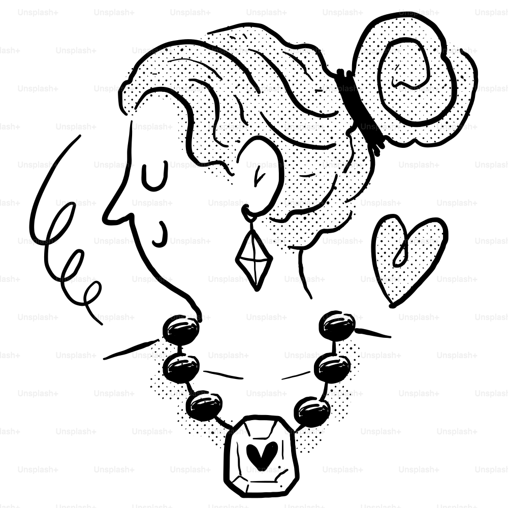 A black and white drawing of a woman with a necklace