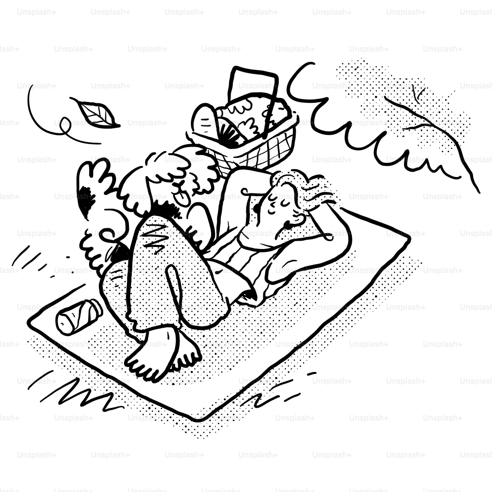 A black and white drawing of a man laying on a towel