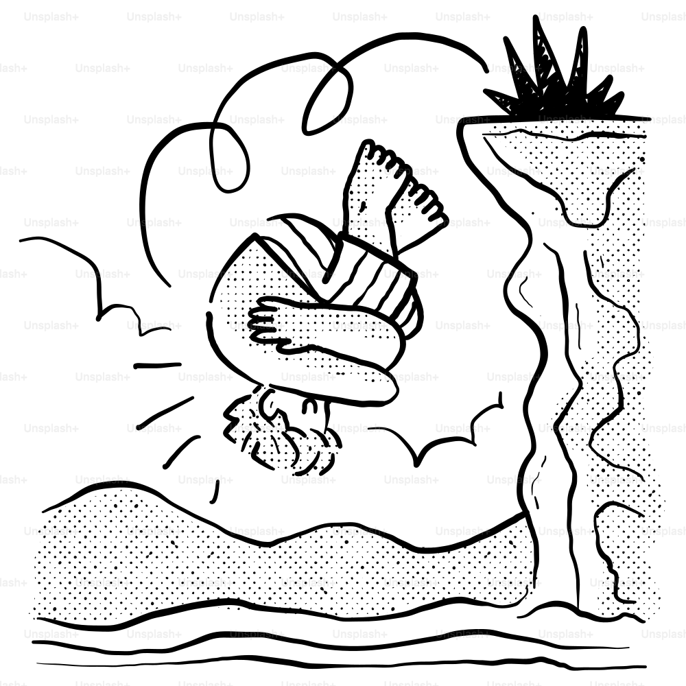 Un dessin en noir et blanc d’une personne sautant d’une falaise