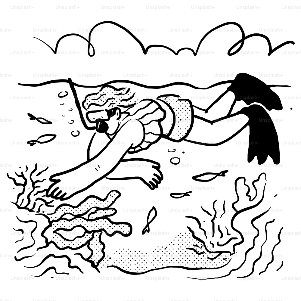 A black and white drawing of a girl swimming